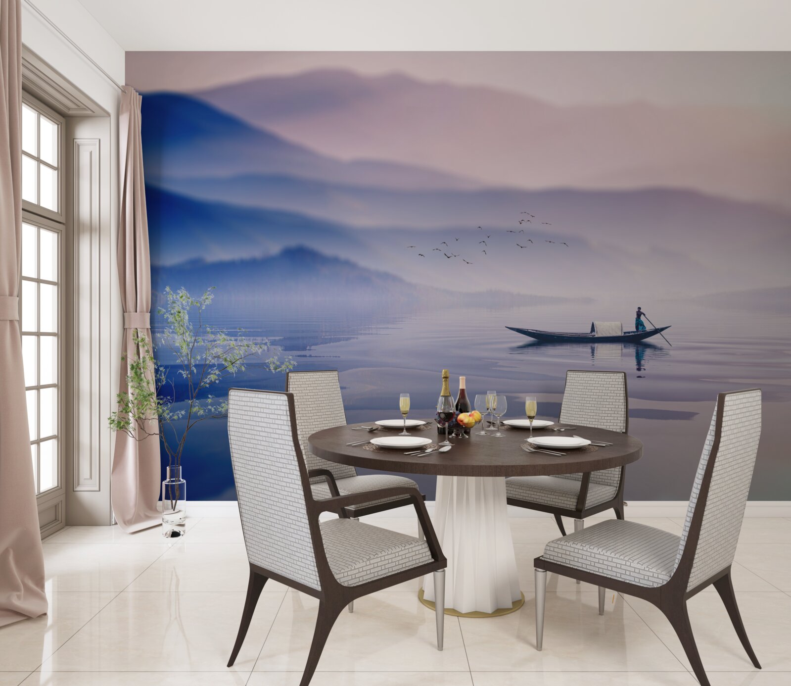 Фотошпалери рибалка на самоті на туманній воді