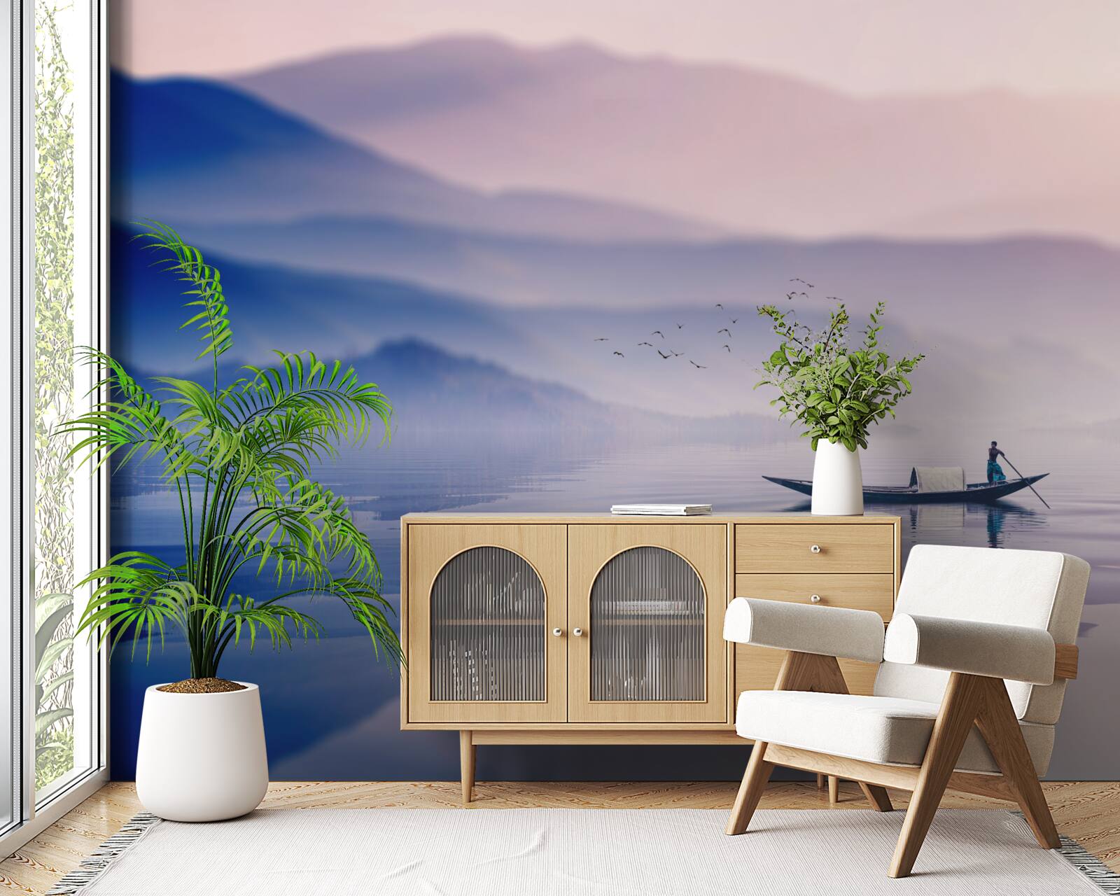 Фотошпалери рибалка на самоті на туманній воді