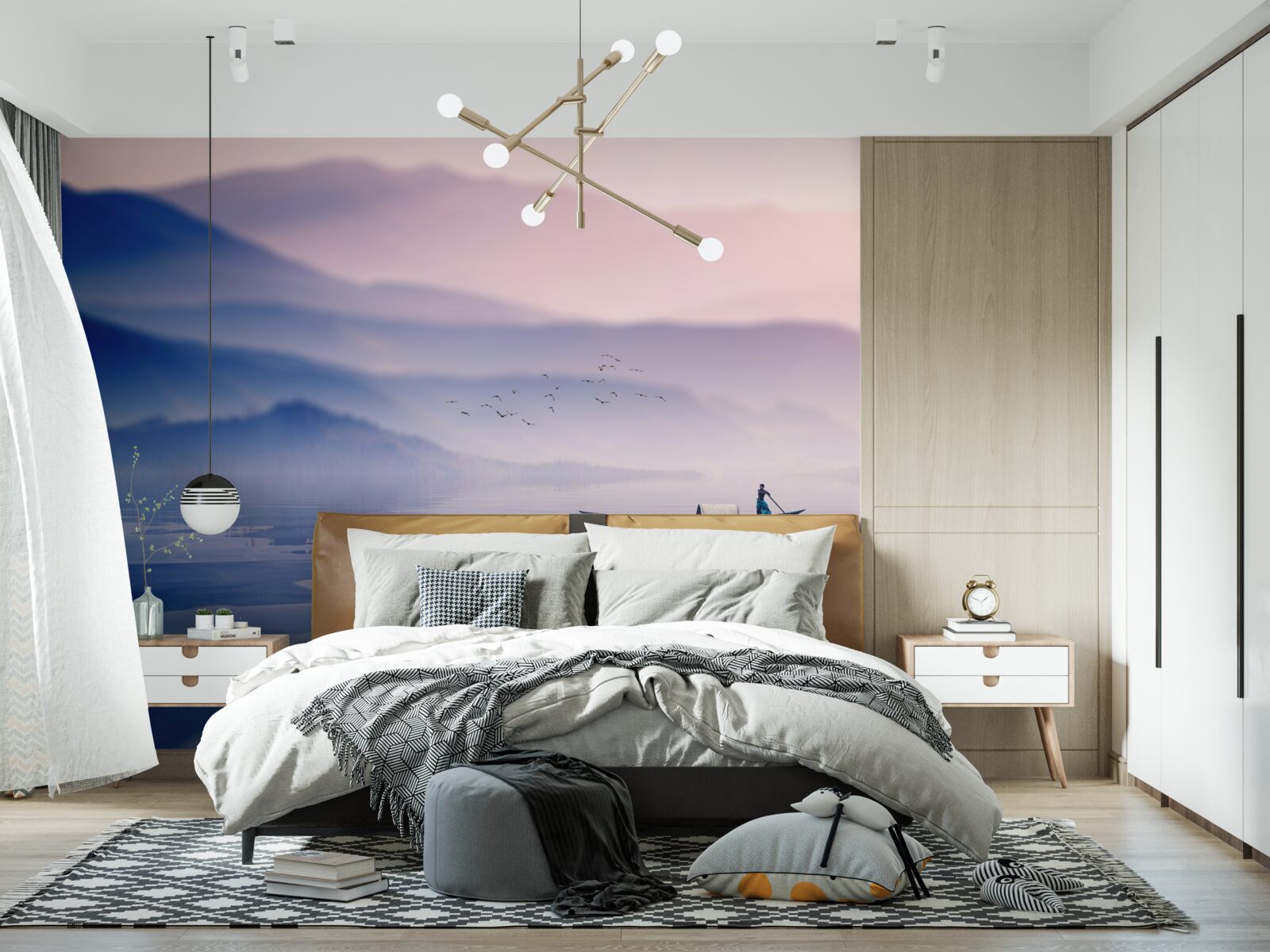 Фотошпалери рибалка на самоті на туманній воді