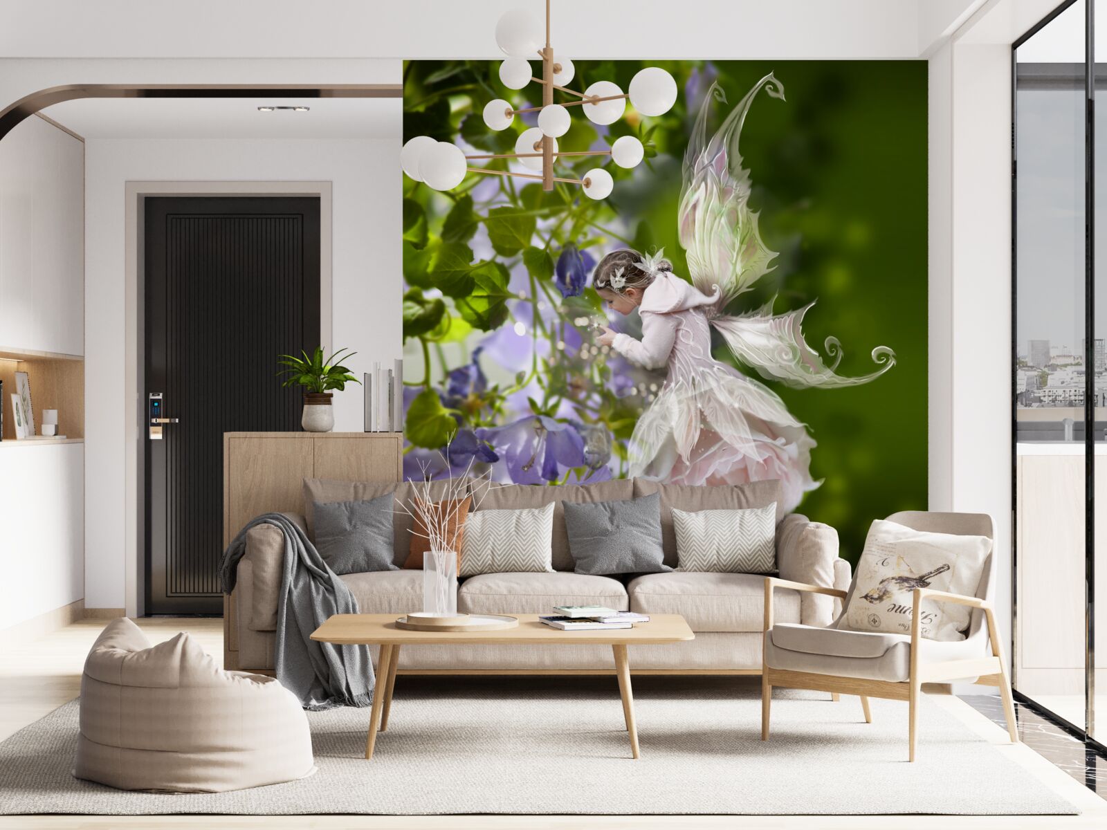 Фотошпалери силует дівчини з метеликом, що п'є нектар