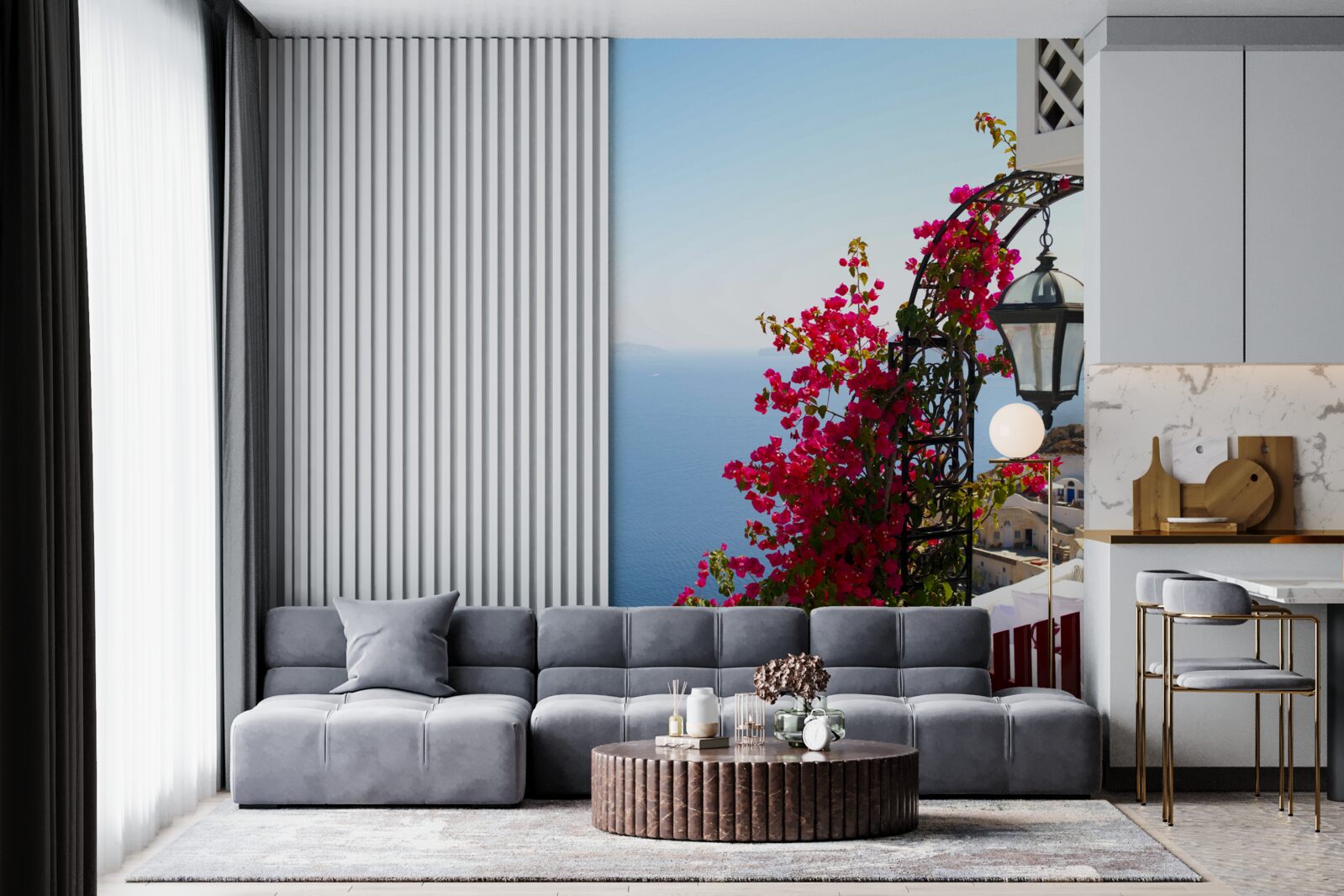 Фотошпалери Арка біля ставка, вкрита квітучими червоними квітами