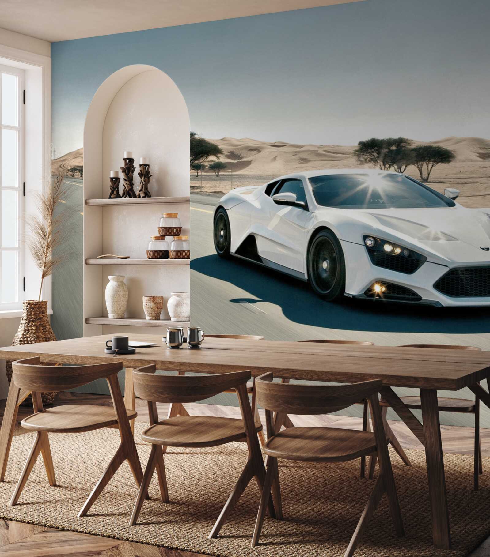 Фотошпалери біле спортивне авто їде порожньою дорогою