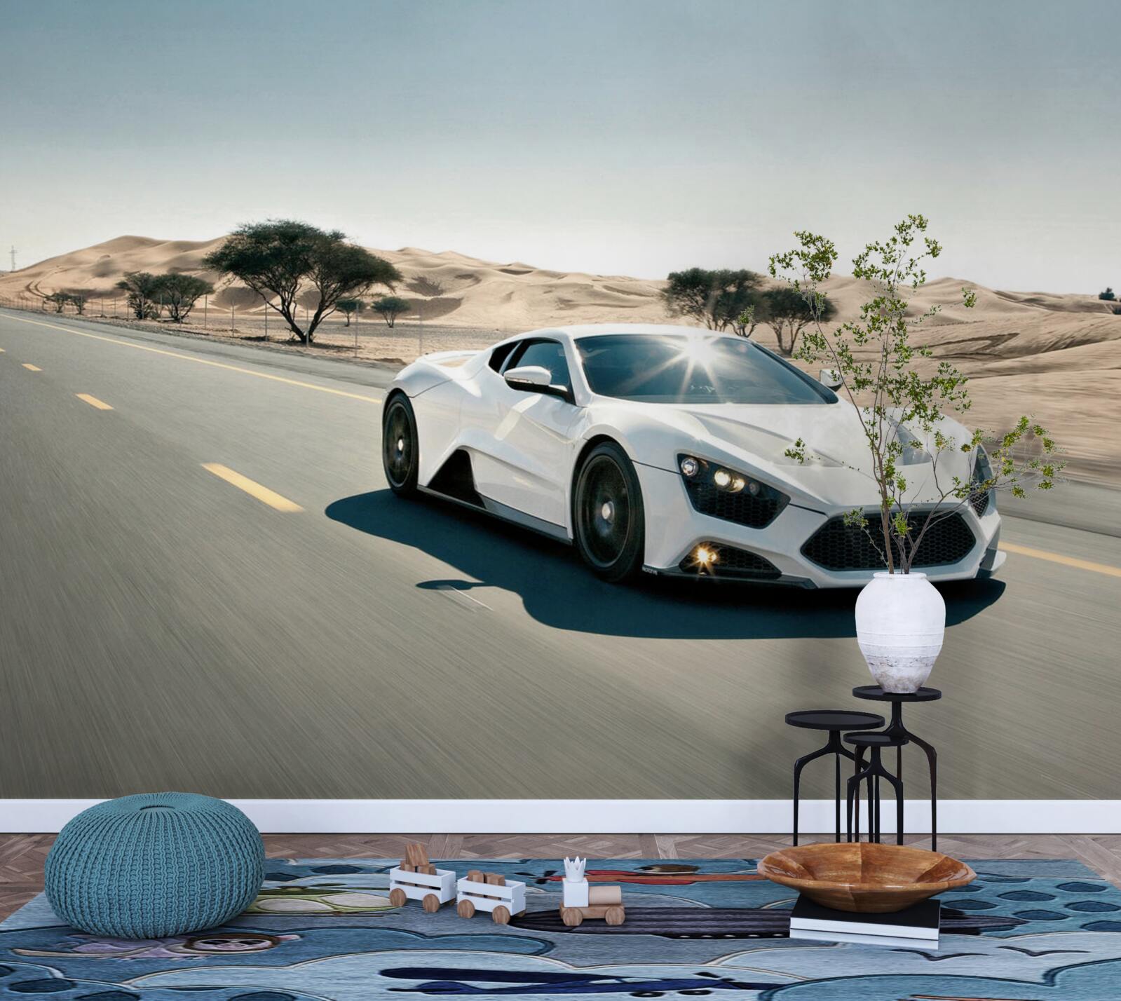 Фотошпалери біле спортивне авто їде порожньою дорогою