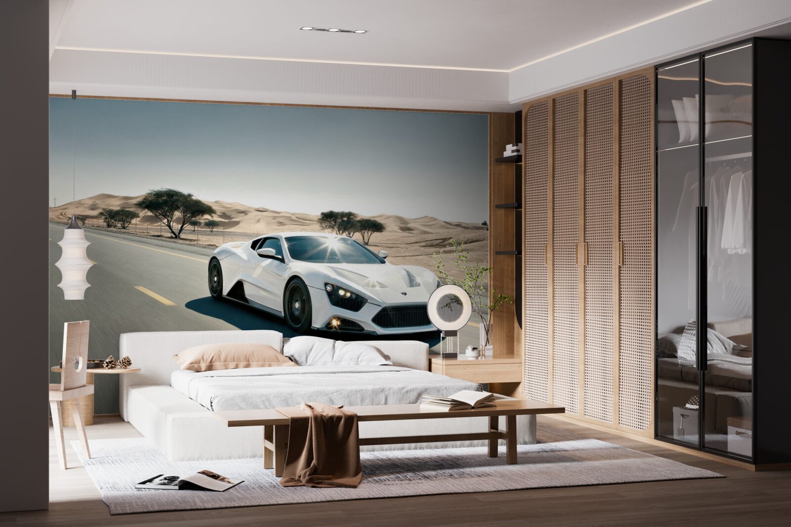 Фотошпалери біле спортивне авто їде порожньою дорогою