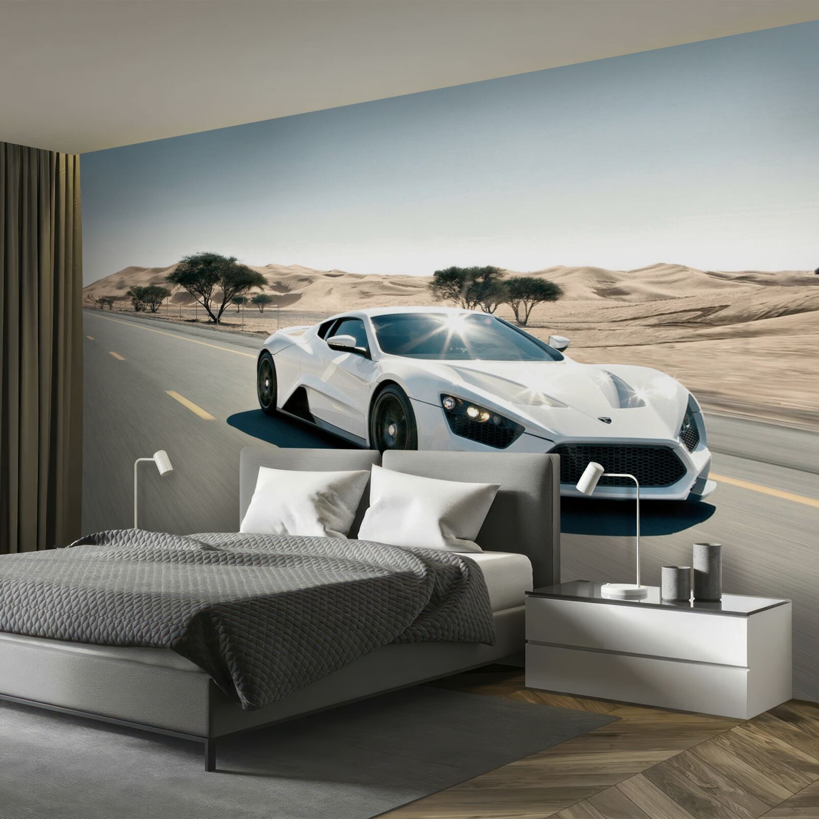 Фотошпалери біле спортивне авто їде порожньою дорогою