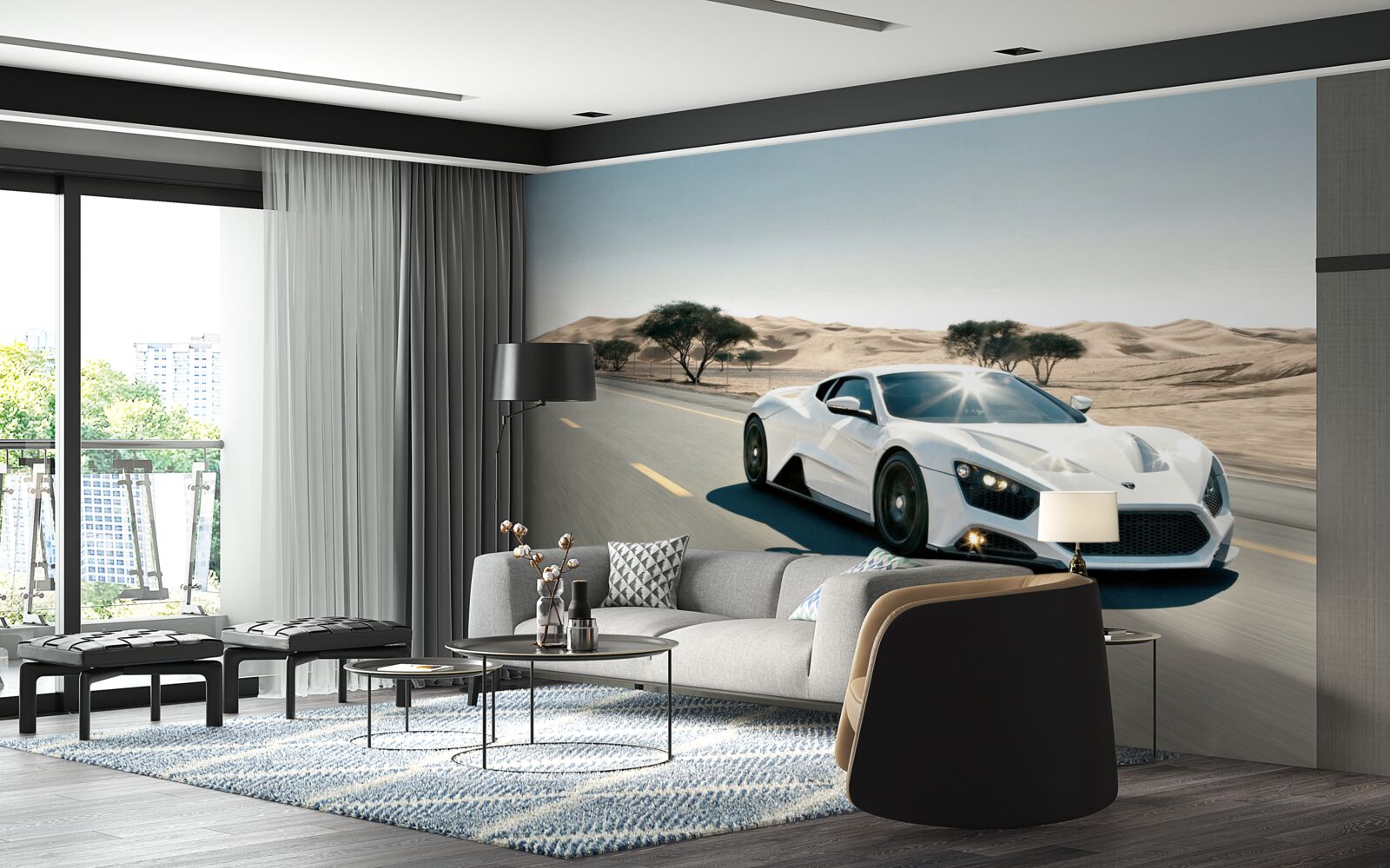 Фотошпалери біле спортивне авто їде порожньою дорогою