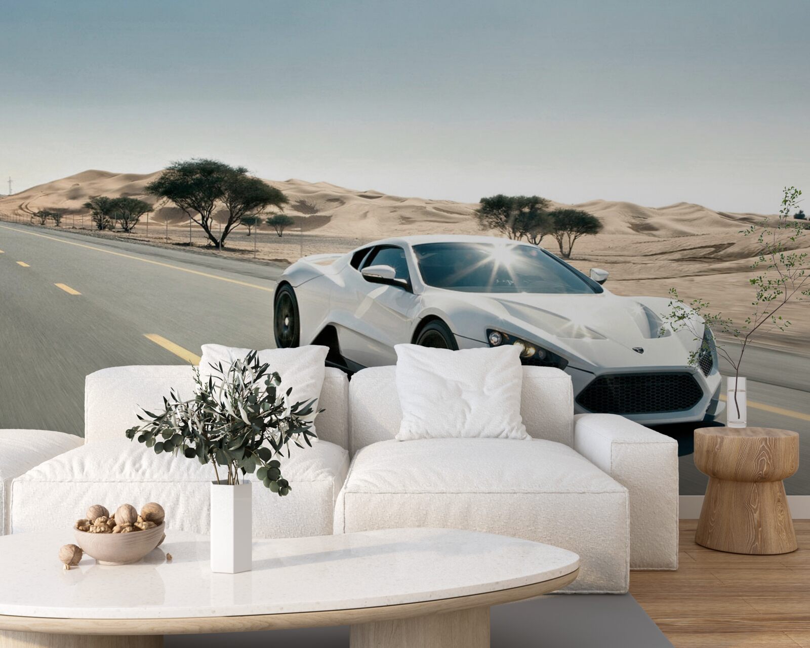 Фотошпалери біле спортивне авто їде порожньою дорогою