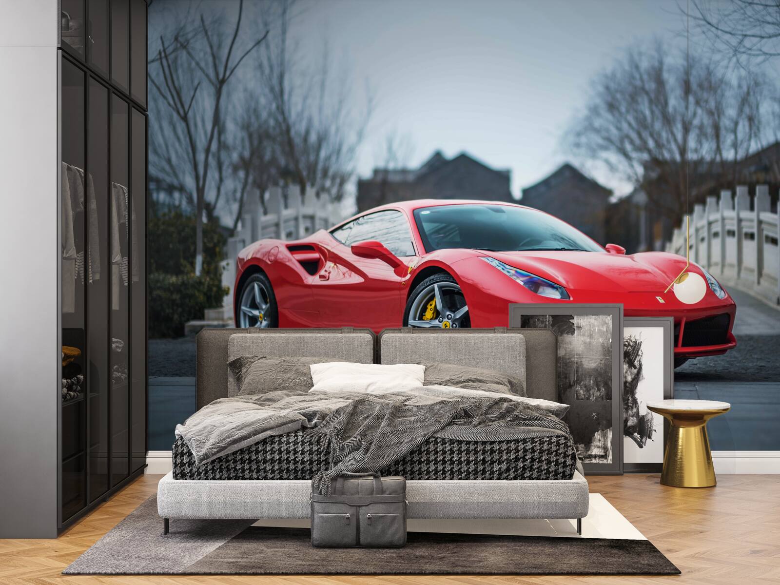 Фотошпалери чудовий червоний феррарі в дощову погоду