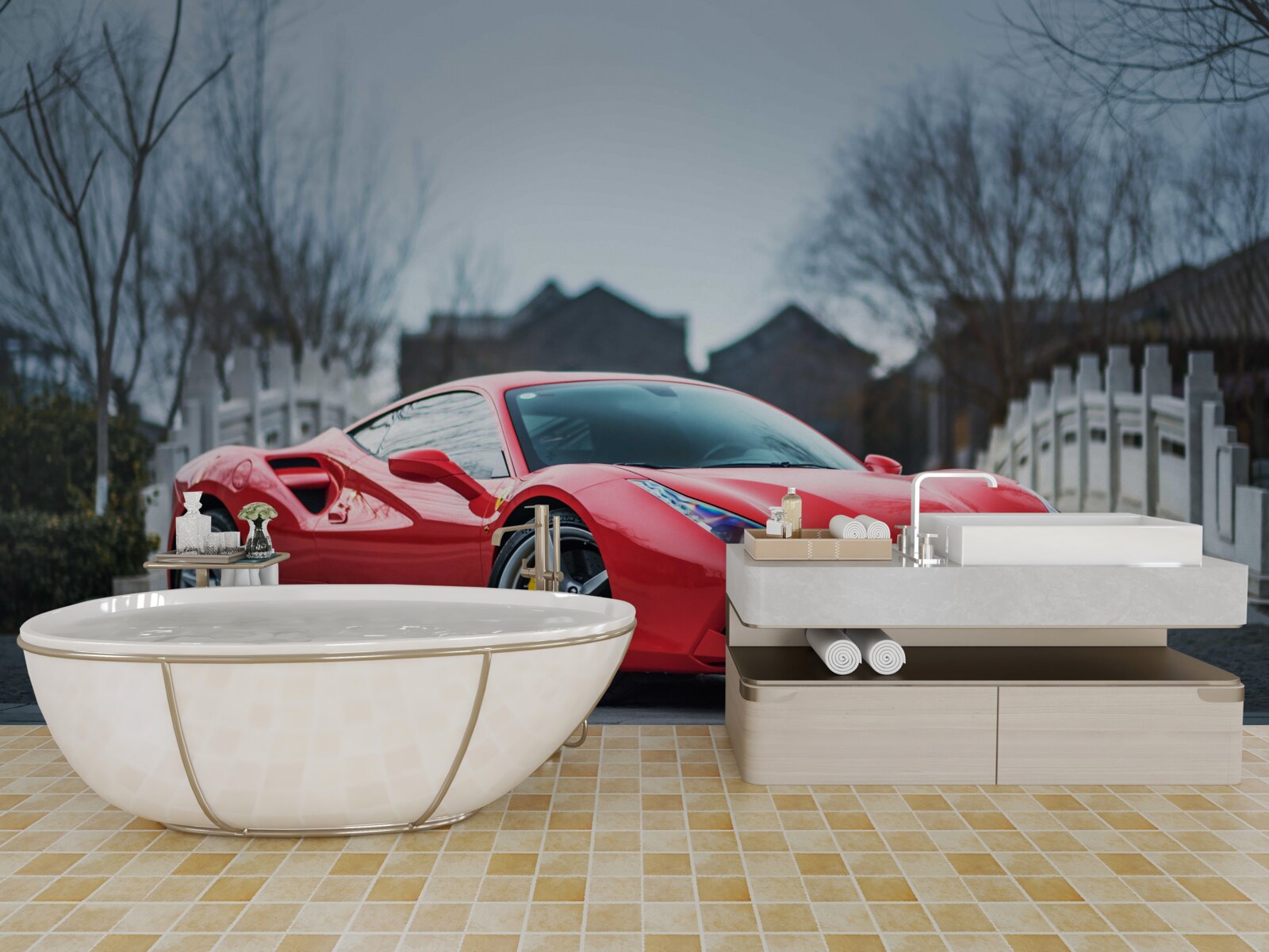 Фотошпалери чудовий червоний феррарі в дощову погоду