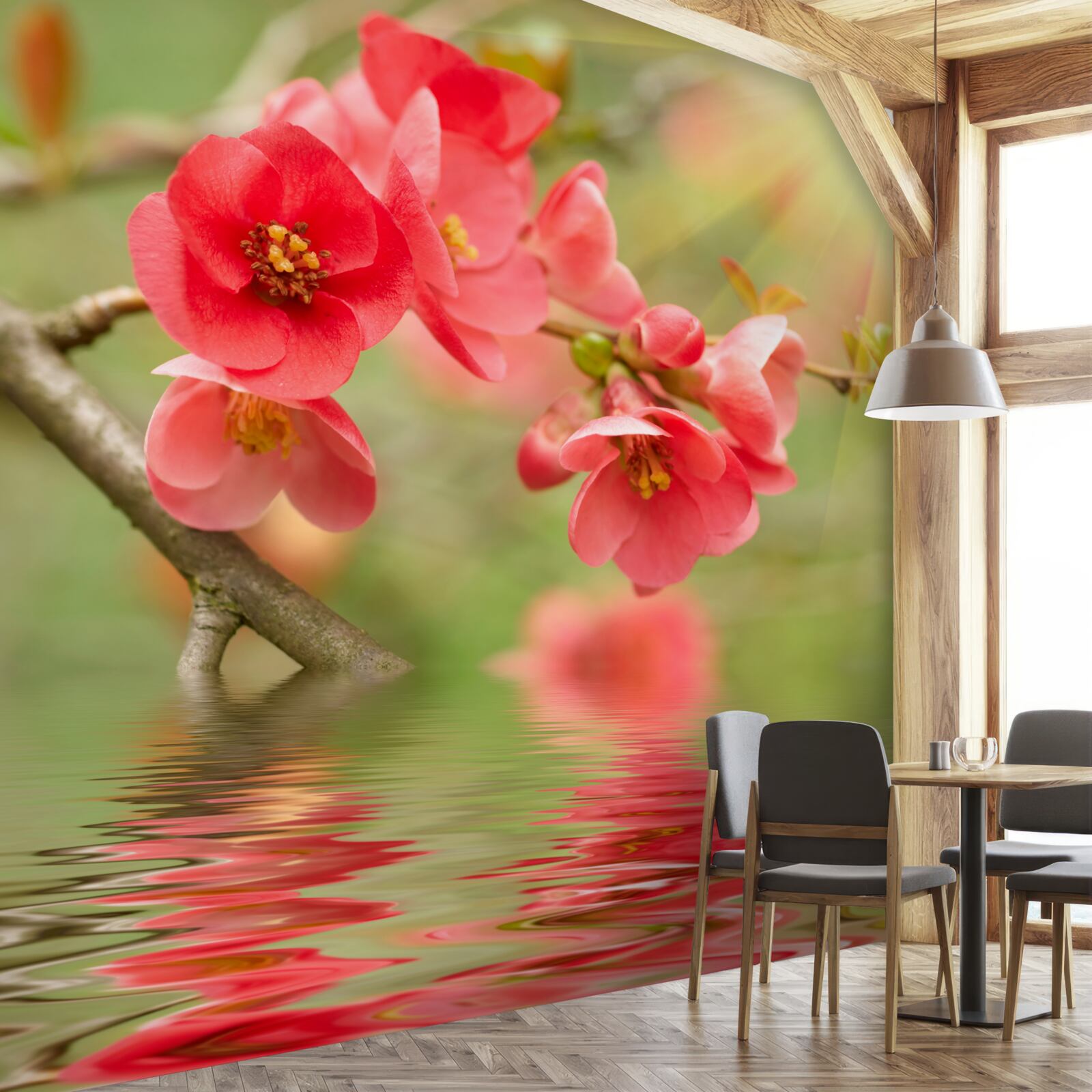 Фотошпалери багряні квіти сакури виблискують над водою в сонячний день