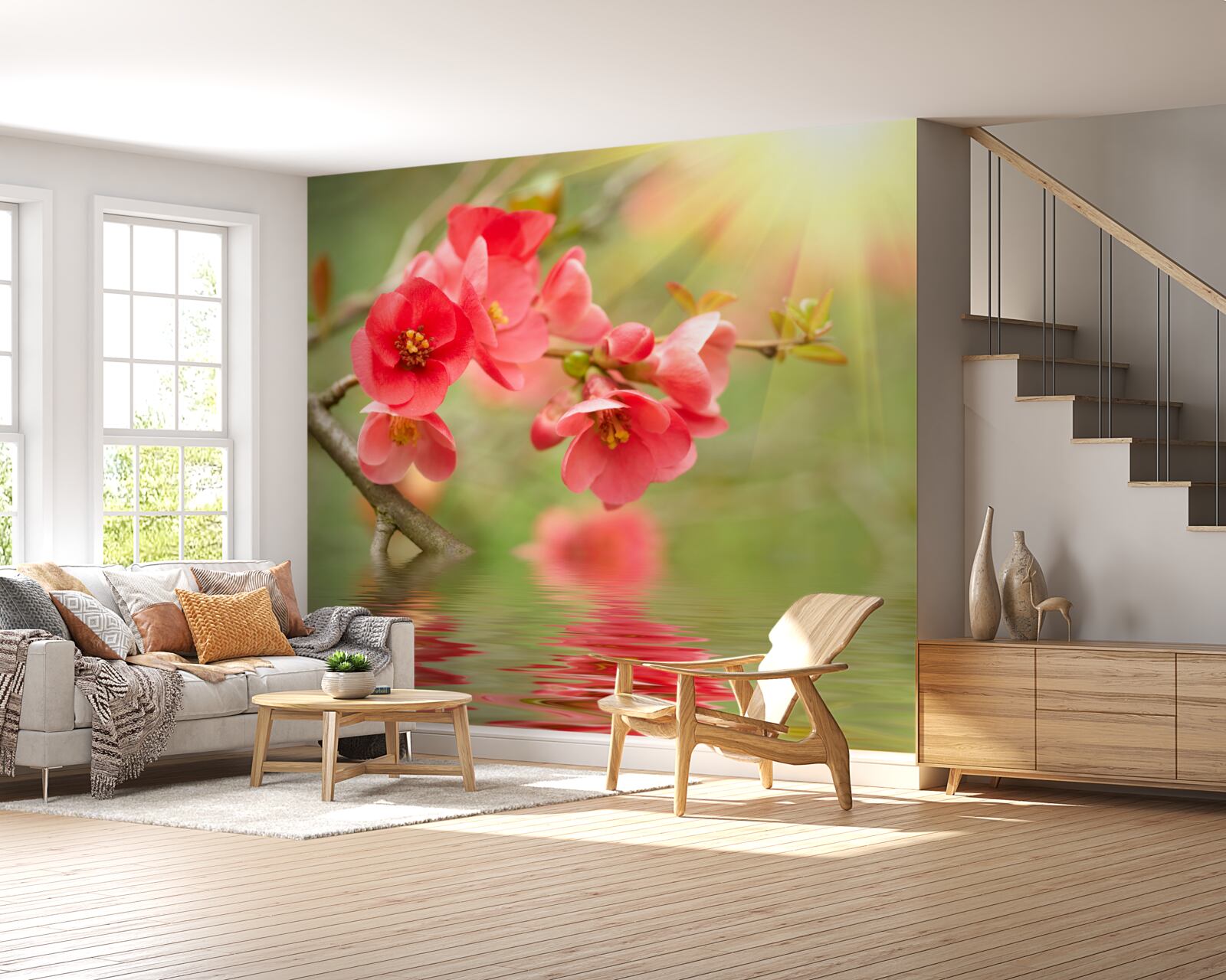 Фотошпалери багряні квіти сакури виблискують над водою в сонячний день