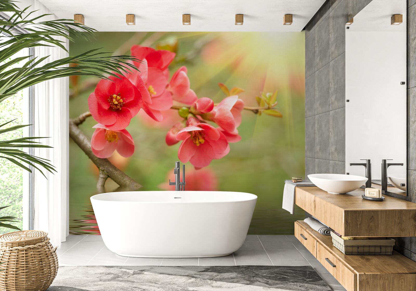 Фотошпалери багряні квіти сакури виблискують над водою в сонячний день