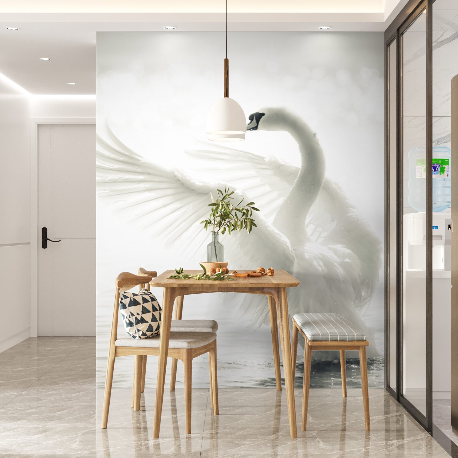 Фотошпалери білий лебідь падає у воду