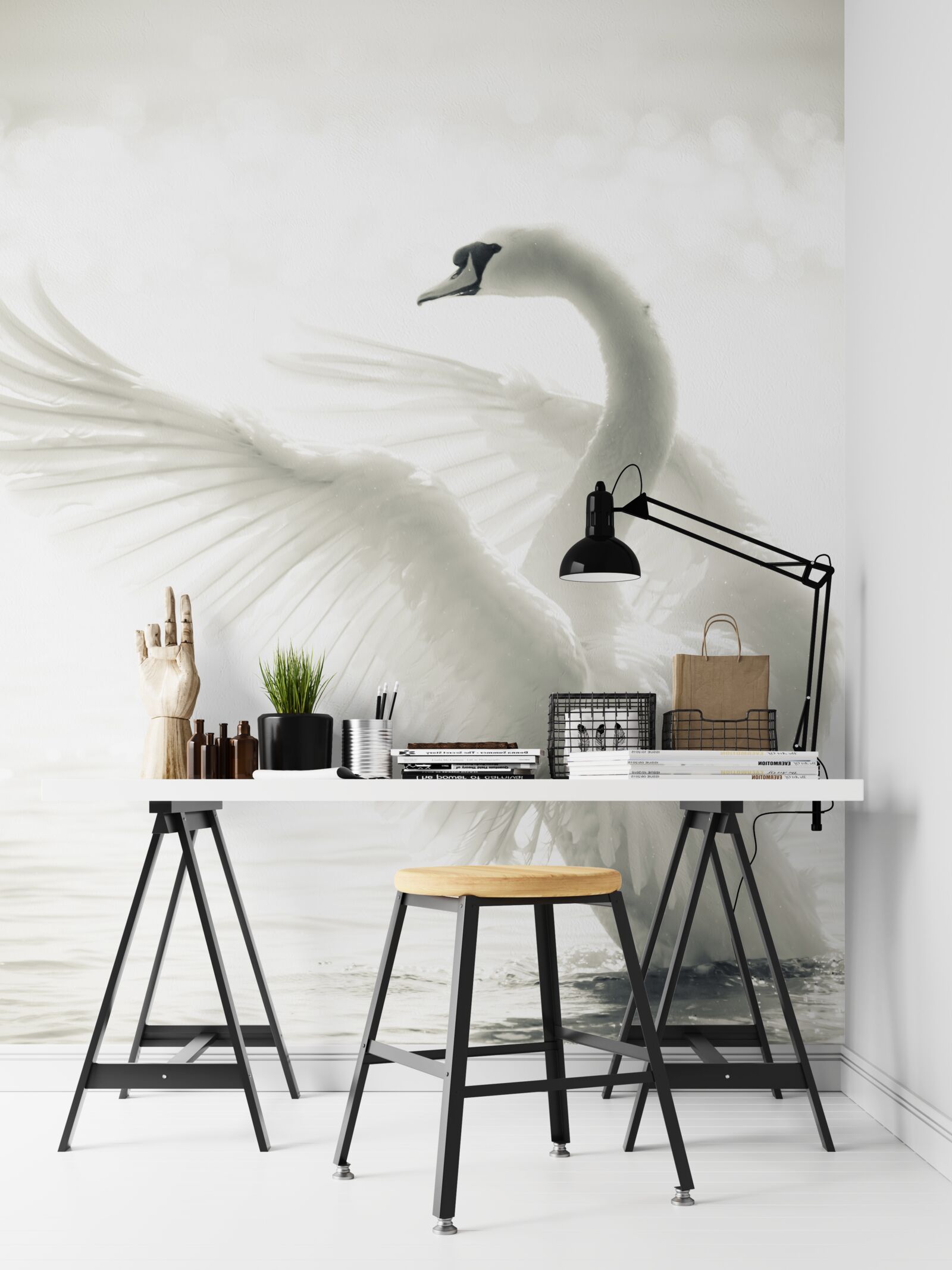 Фотошпалери білий лебідь падає у воду