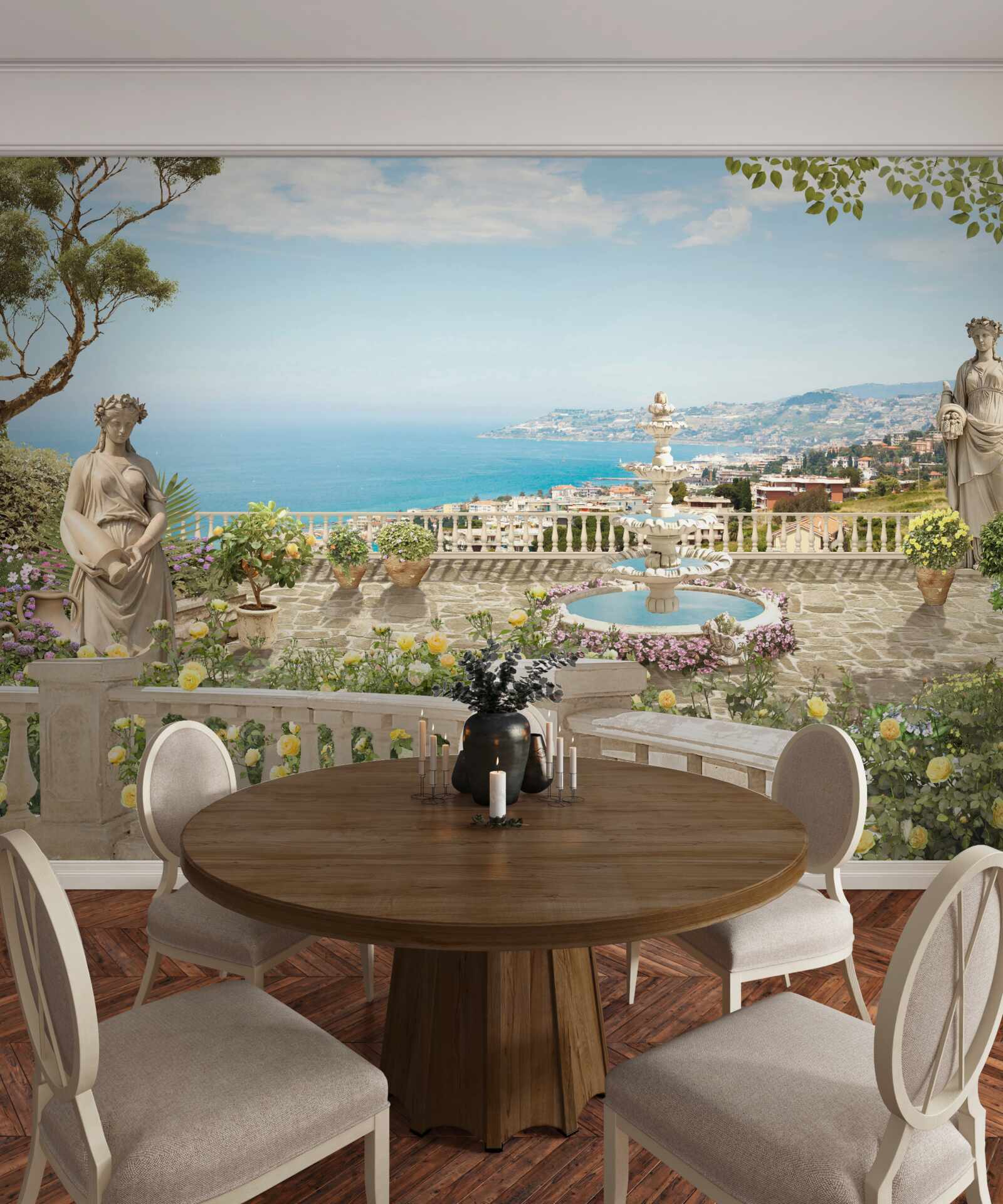 Фотошпалери кам'яна оглядова тераса з фонтаном і видом на океан