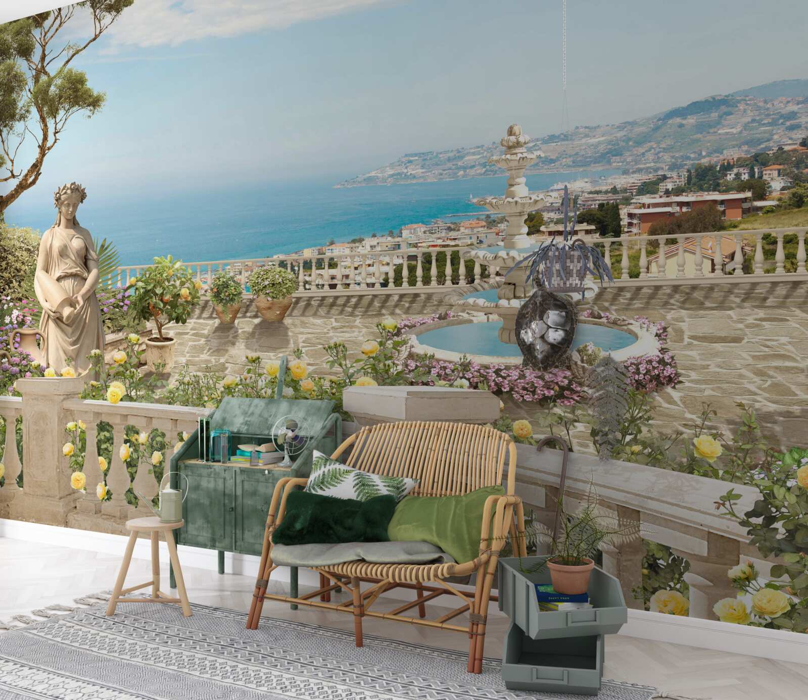 Фотошпалери кам'яна оглядова тераса з фонтаном і видом на океан