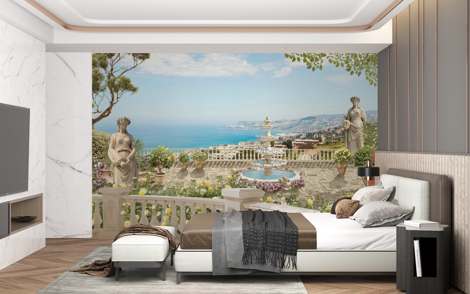 Фотошпалери кам'яна оглядова тераса з фонтаном і видом на океан