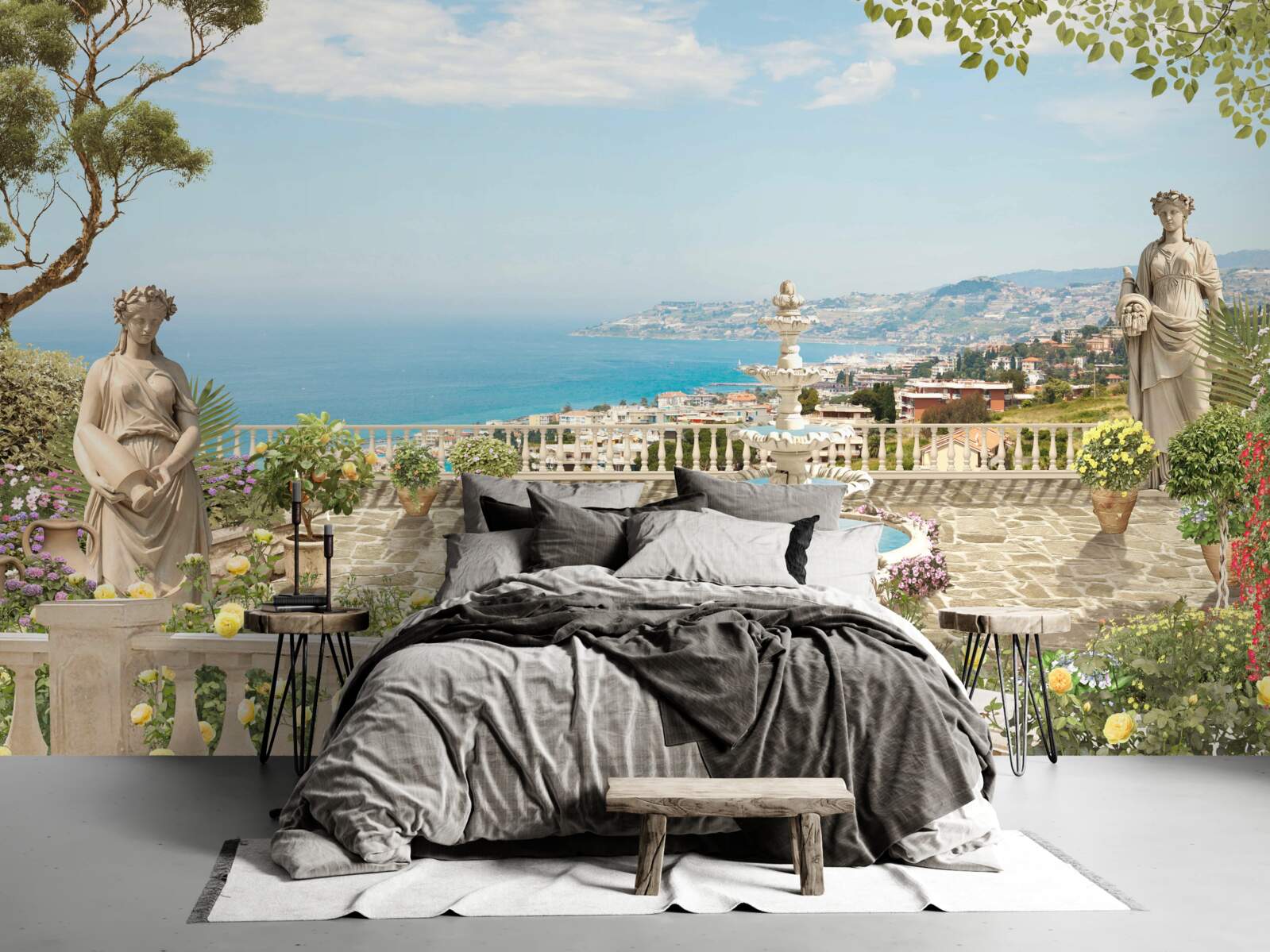 Фотошпалери кам'яна оглядова тераса з фонтаном і видом на океан