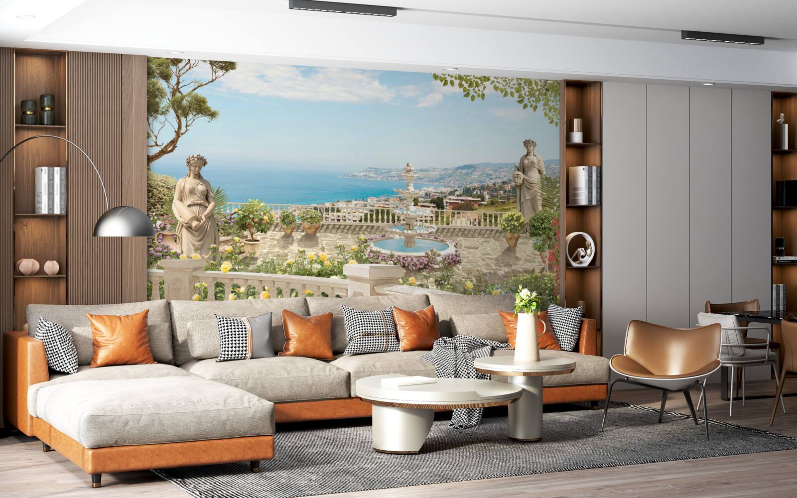 Фотошпалери кам'яна оглядова тераса з фонтаном і видом на океан