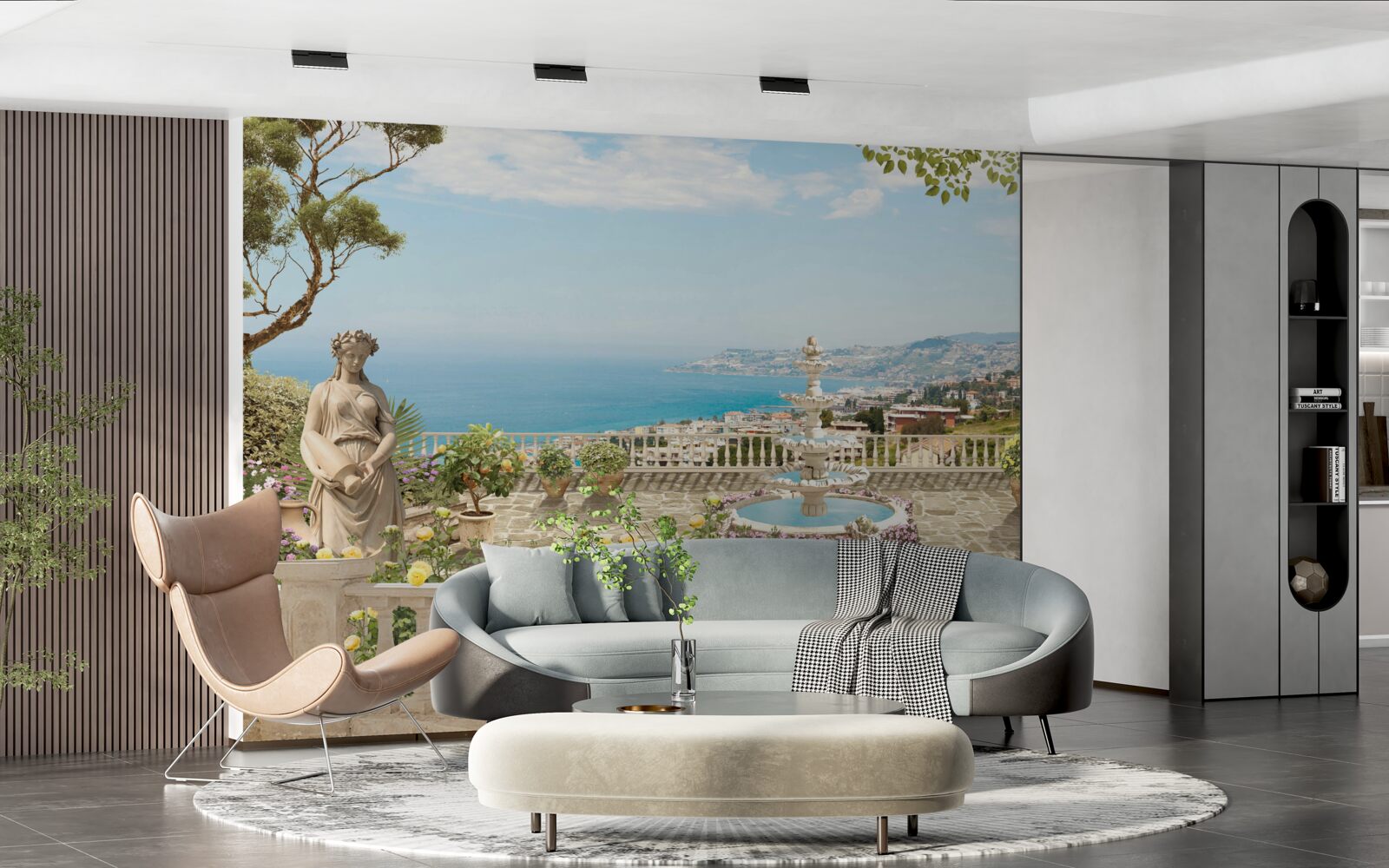 Фотошпалери кам'яна оглядова тераса з фонтаном і видом на океан