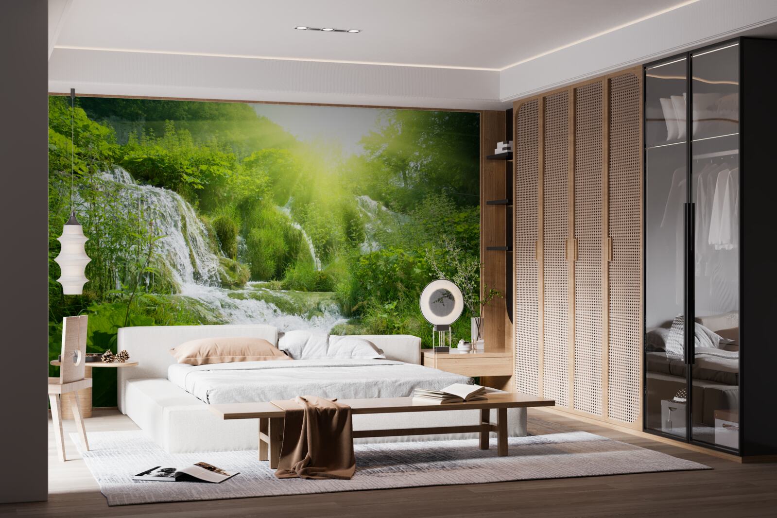 Фотошпалери сліпуче сонце освітлює пінистий водоспад