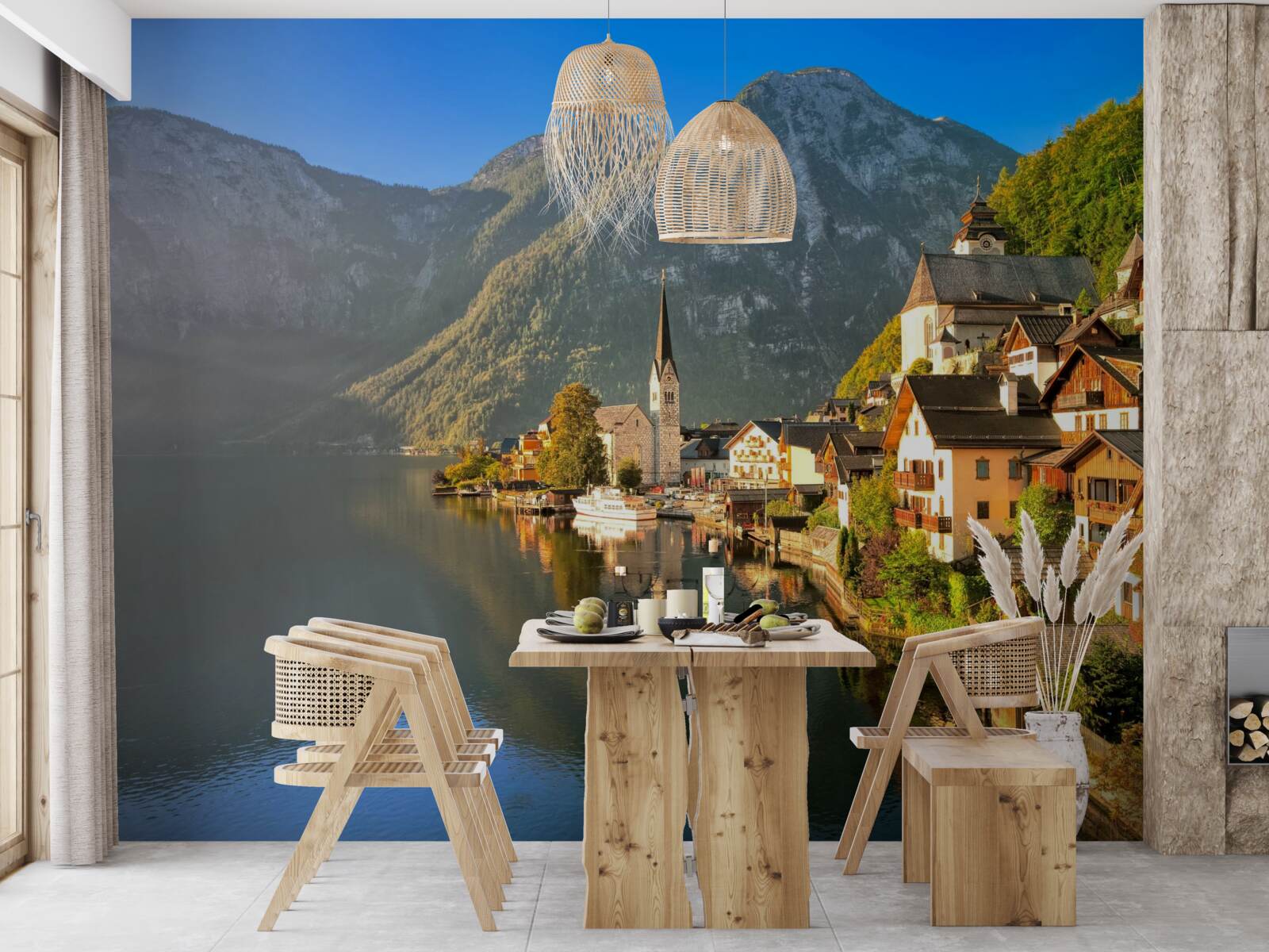 Фотошпалери село у Швейцарії, оточене ставками та горами
