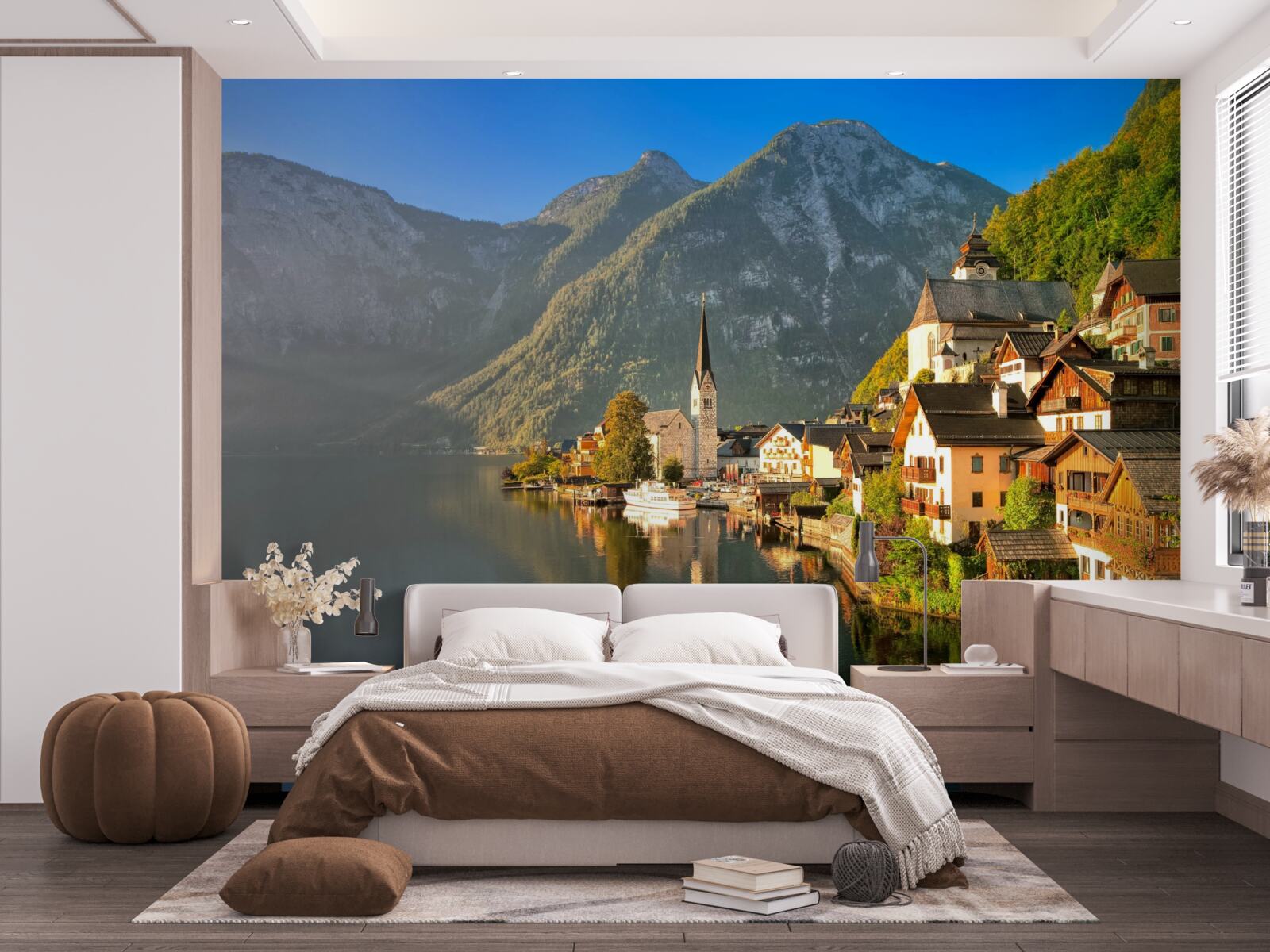 Фотошпалери село у Швейцарії, оточене ставками та горами