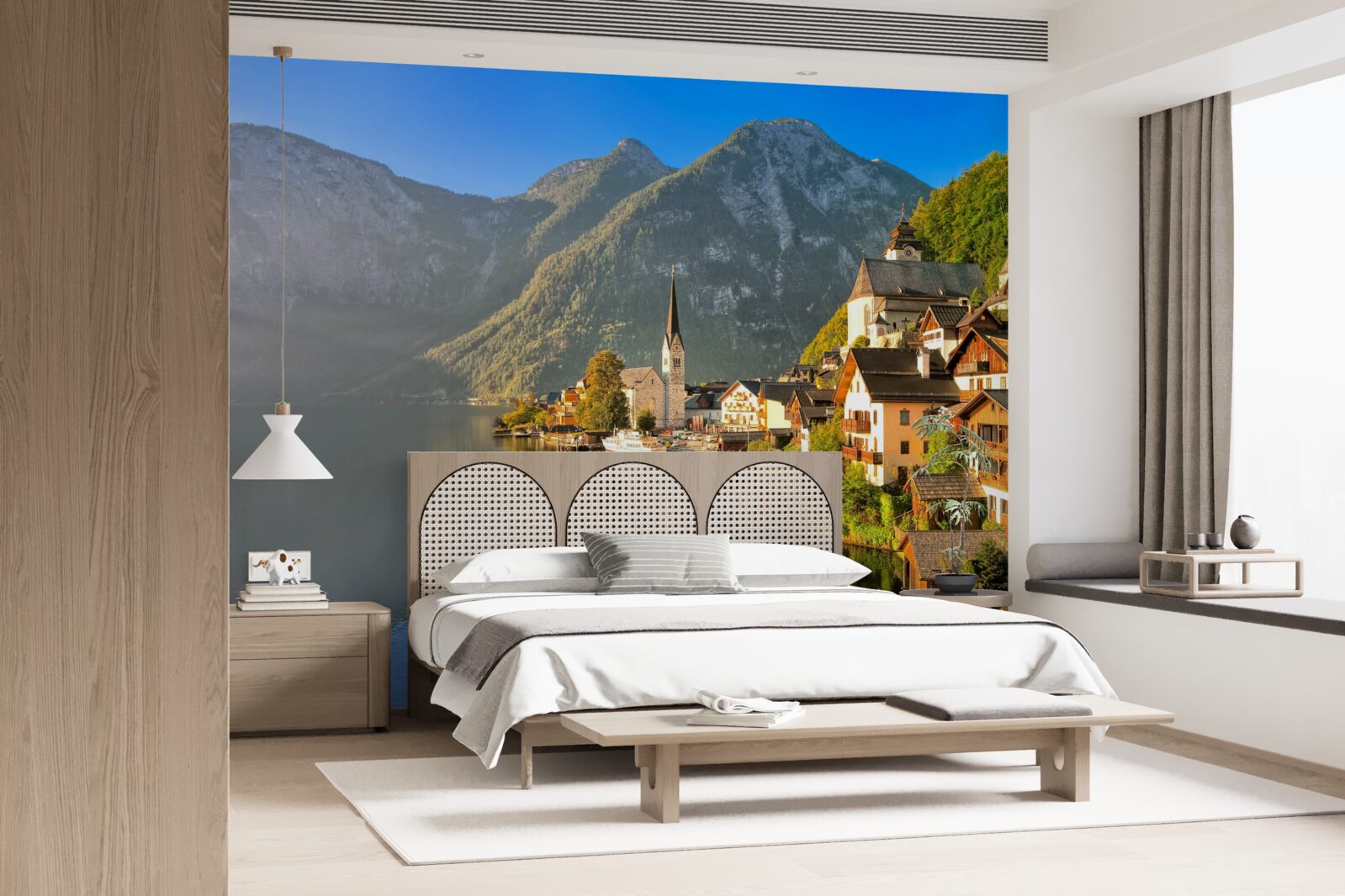 Фотошпалери село у Швейцарії, оточене ставками та горами