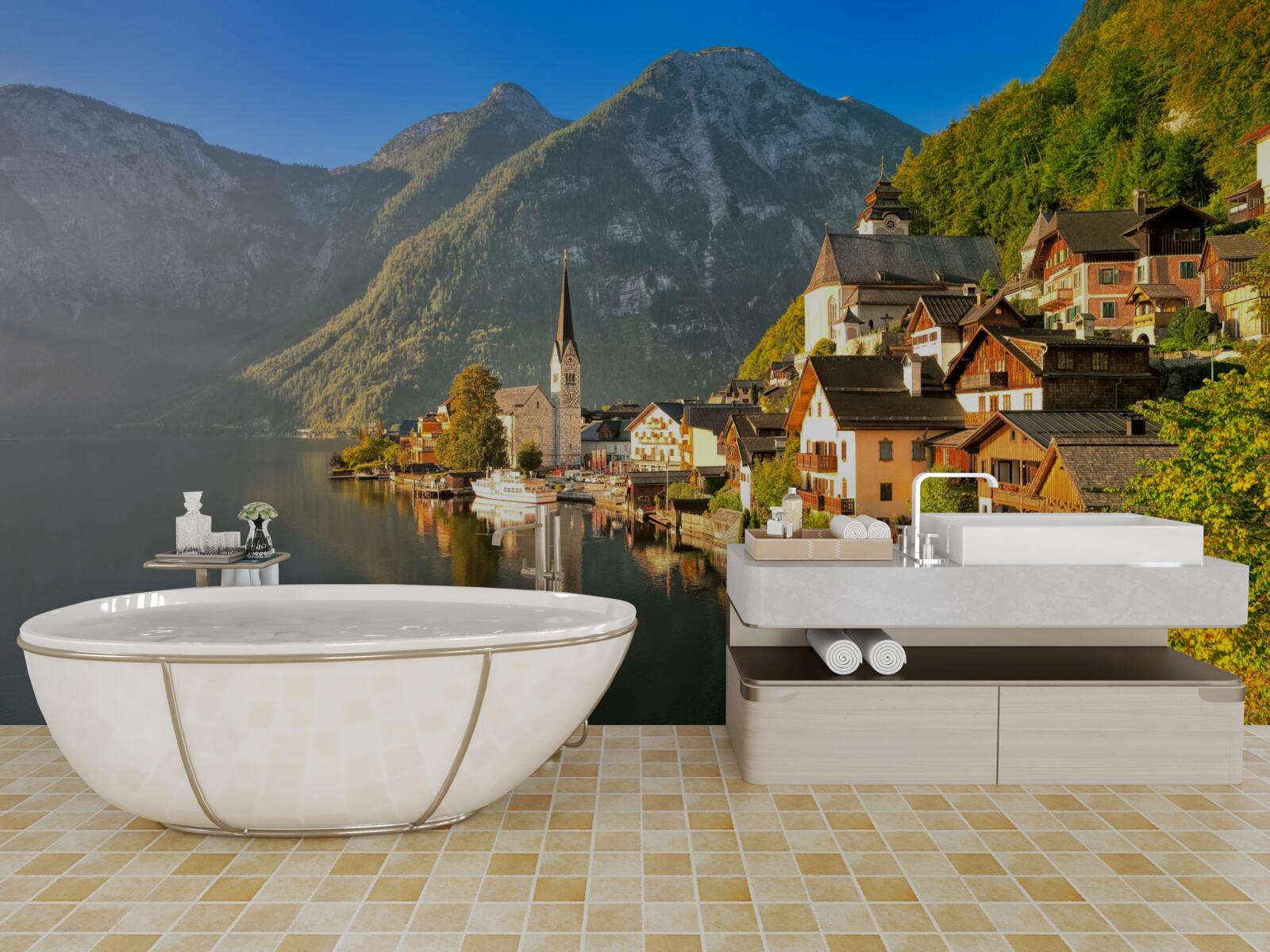 Фотошпалери село у Швейцарії, оточене ставками та горами