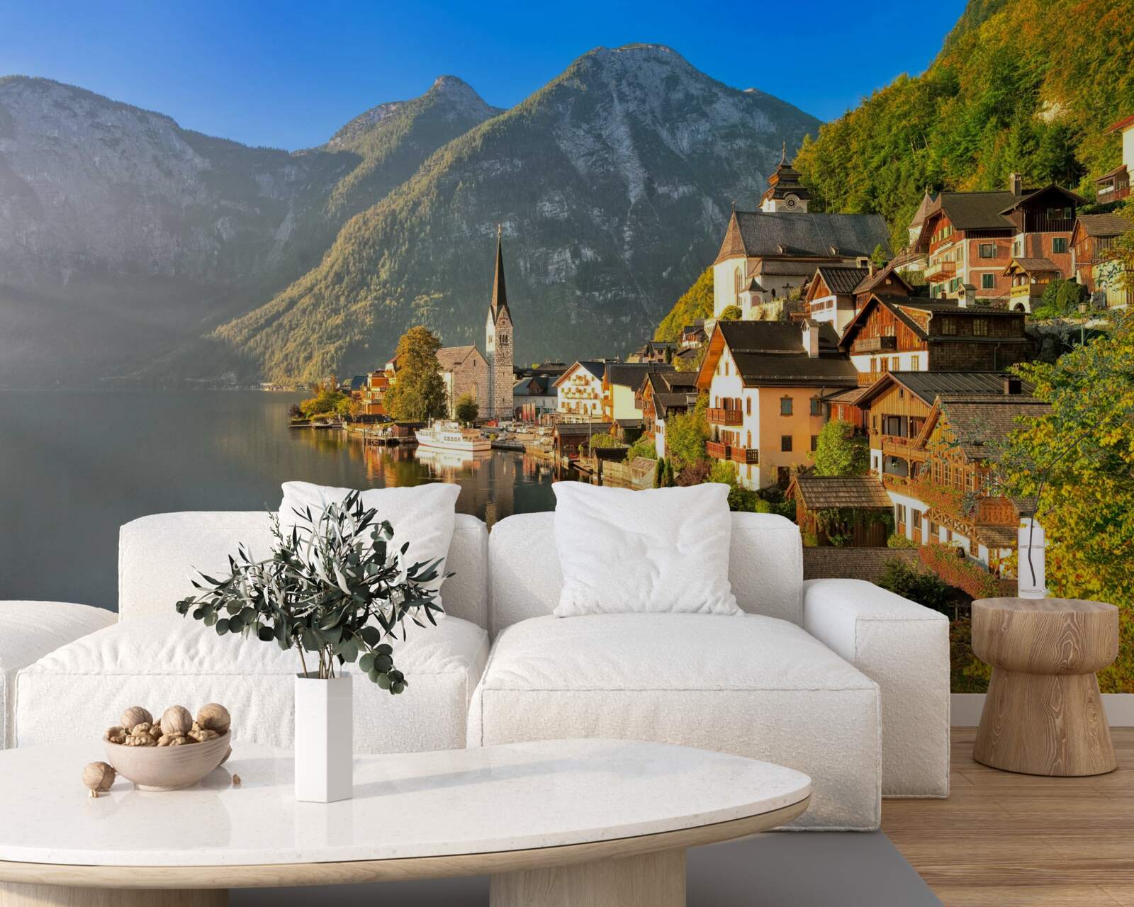 Фотошпалери село у Швейцарії, оточене ставками та горами