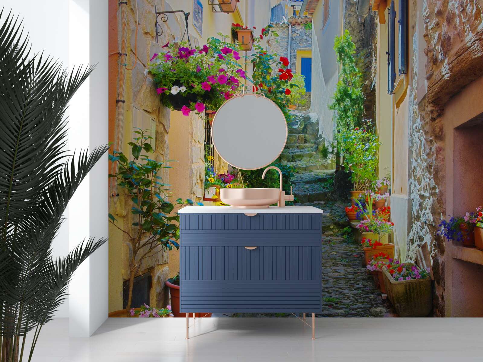 Фотошпалери вузька і затишна вуличка в старій частині міста, оточена квітами