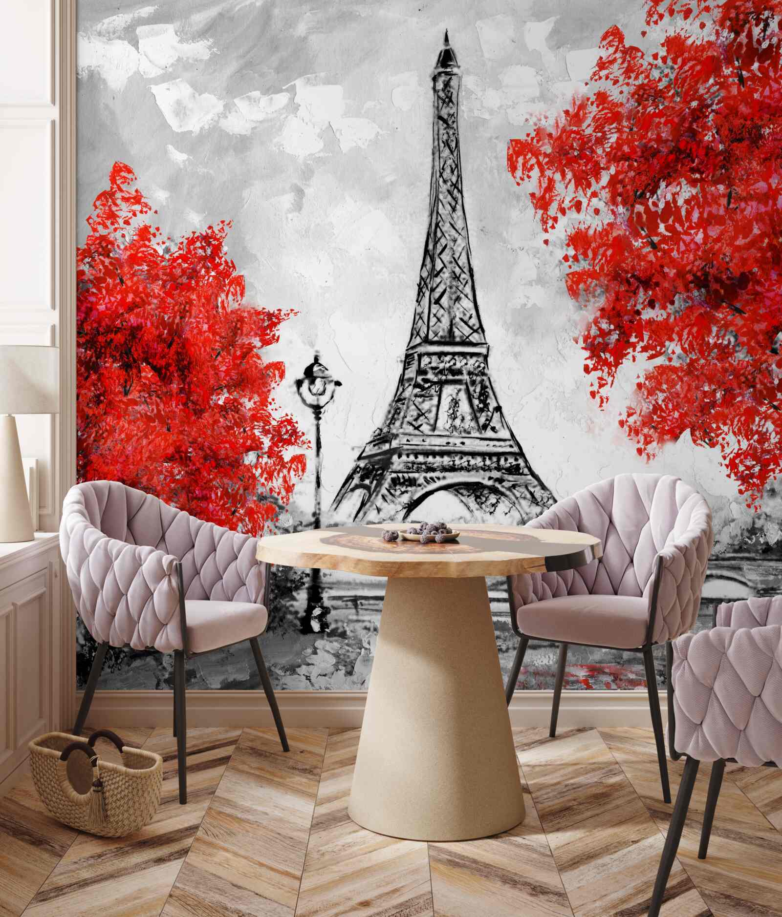 Фотошпалери дерева з густим червоним листям біля Паризької вежі