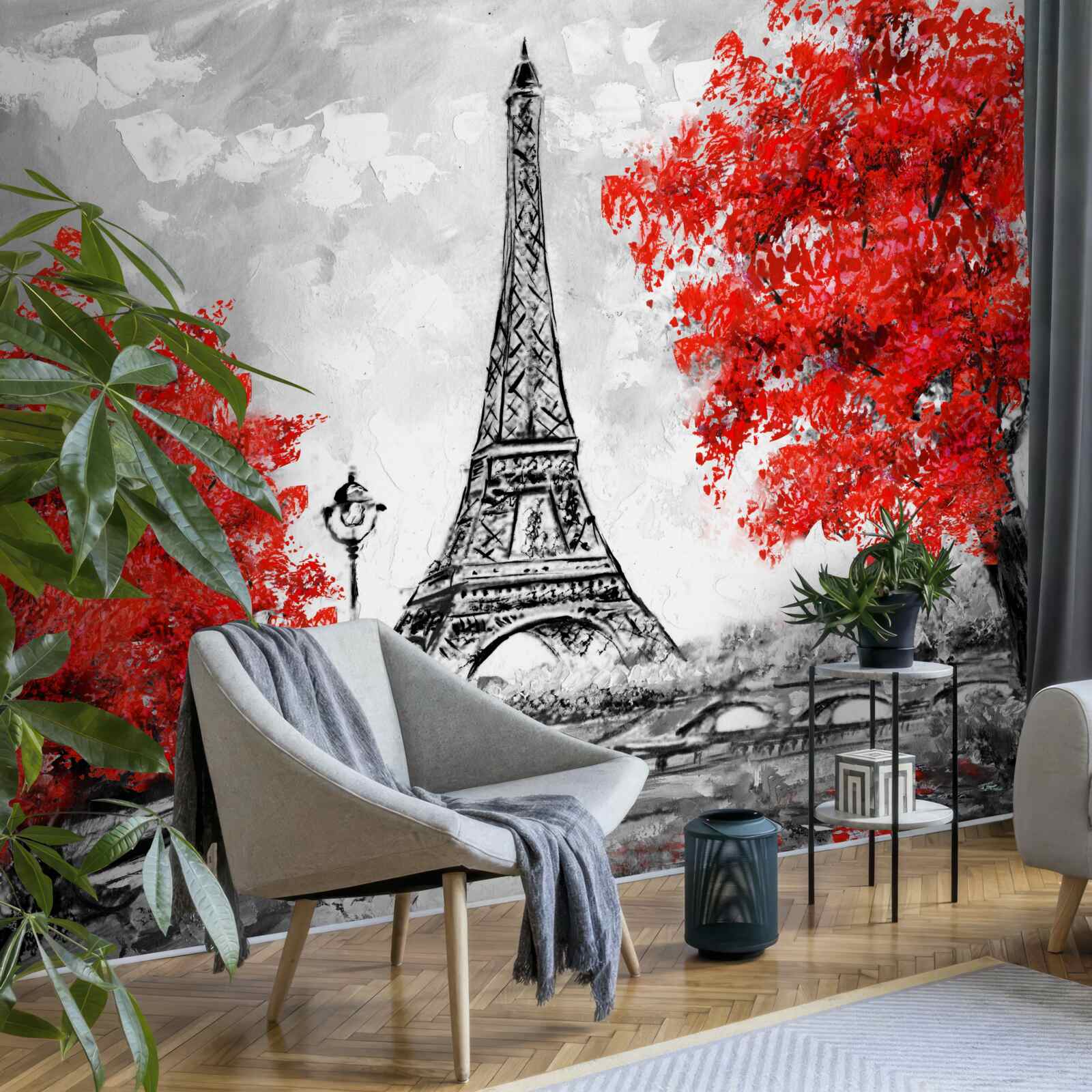 Фотошпалери дерева з густим червоним листям біля Паризької вежі