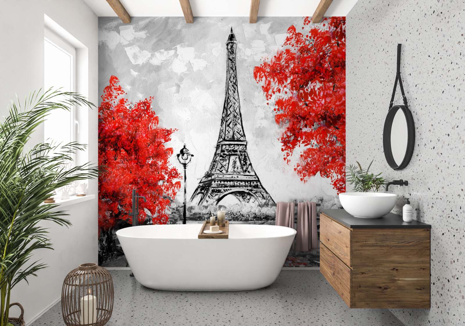 Фотошпалери дерева з густим червоним листям біля Паризької вежі