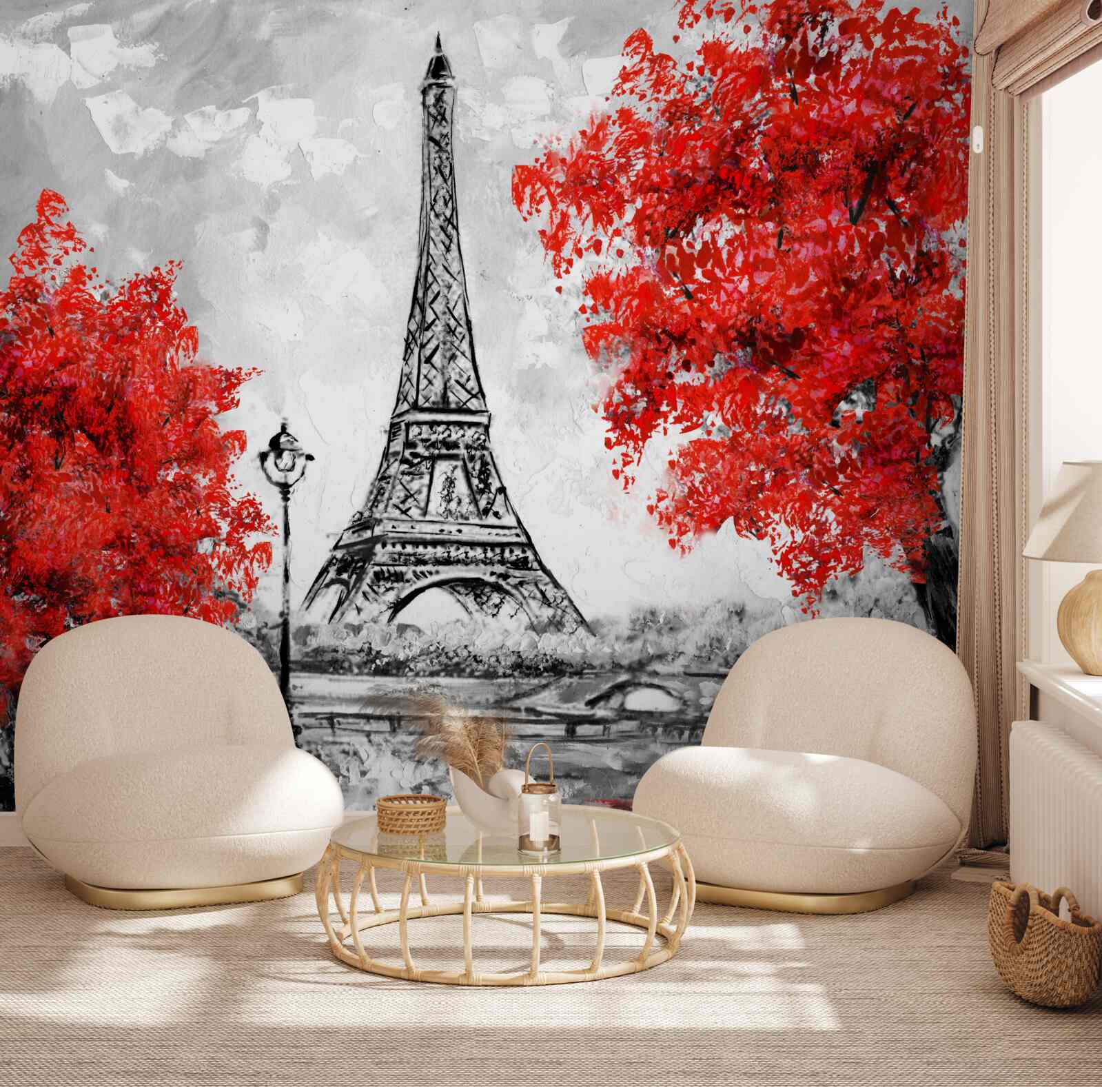 Фотошпалери дерева з густим червоним листям біля Паризької вежі