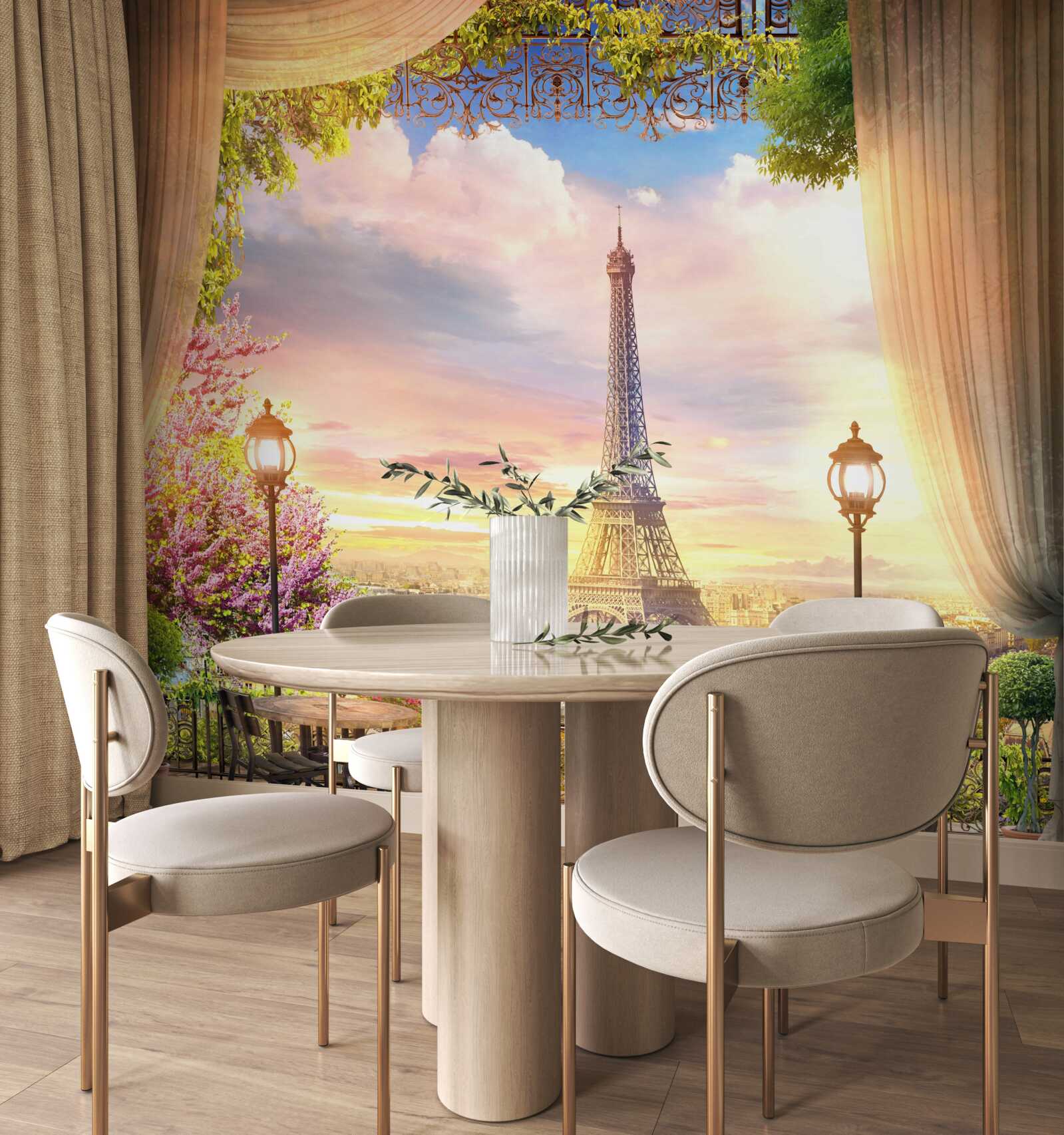 Фотошпалери кавові столики з видом на Ейфелеву вежу створюють затишну атмосферу