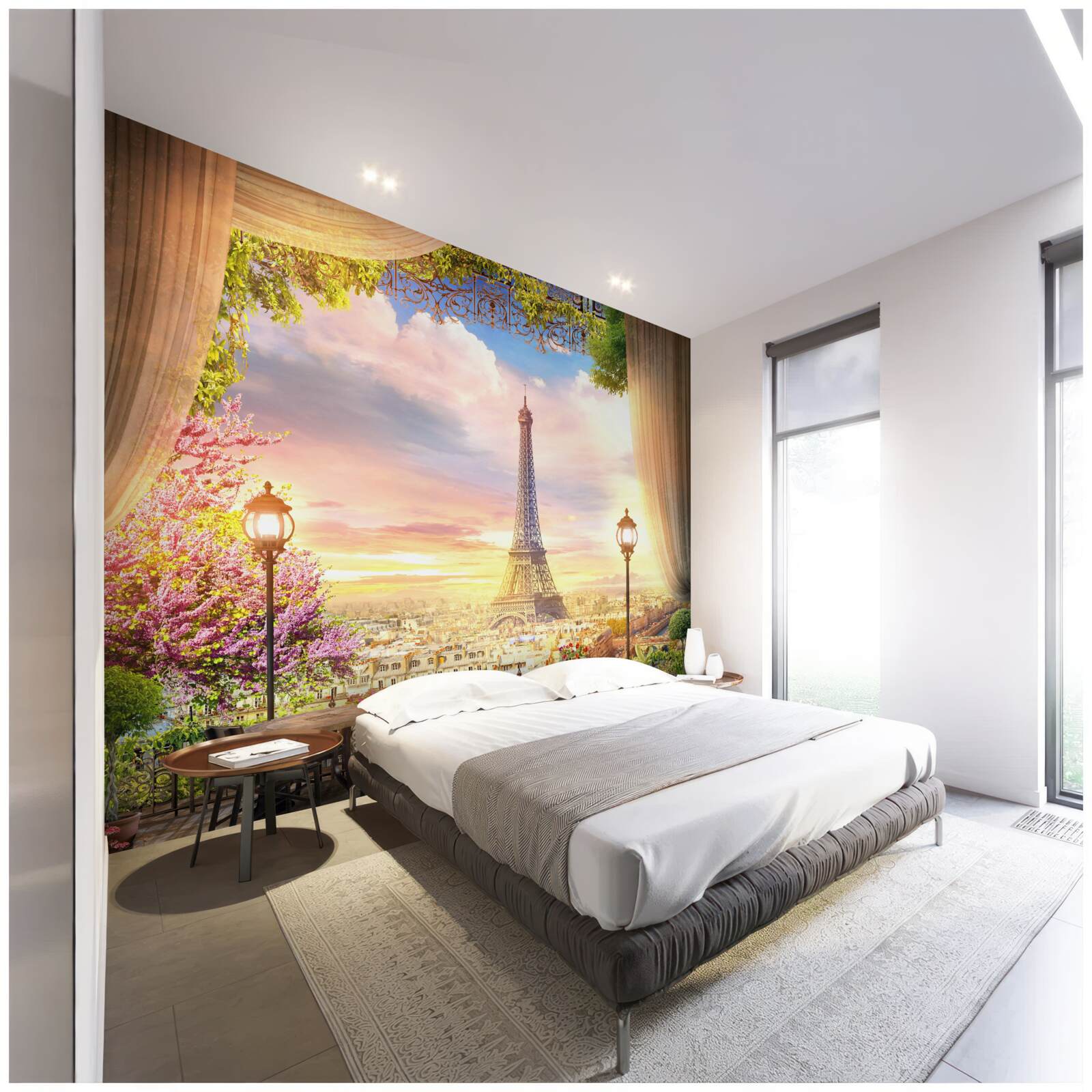 Фотошпалери кавові столики з видом на Ейфелеву вежу створюють затишну атмосферу