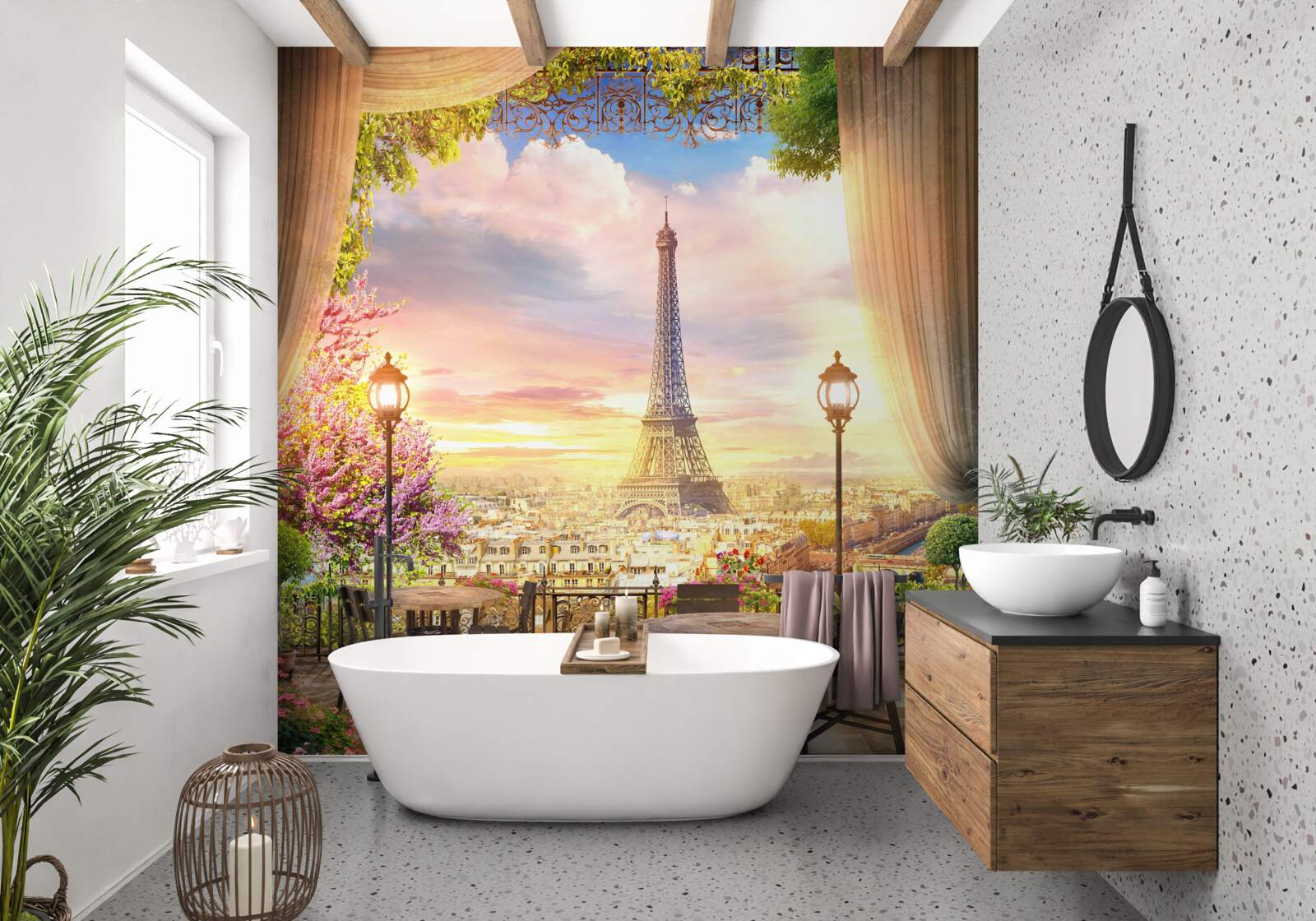 Фотошпалери кавові столики з видом на Ейфелеву вежу створюють затишну атмосферу