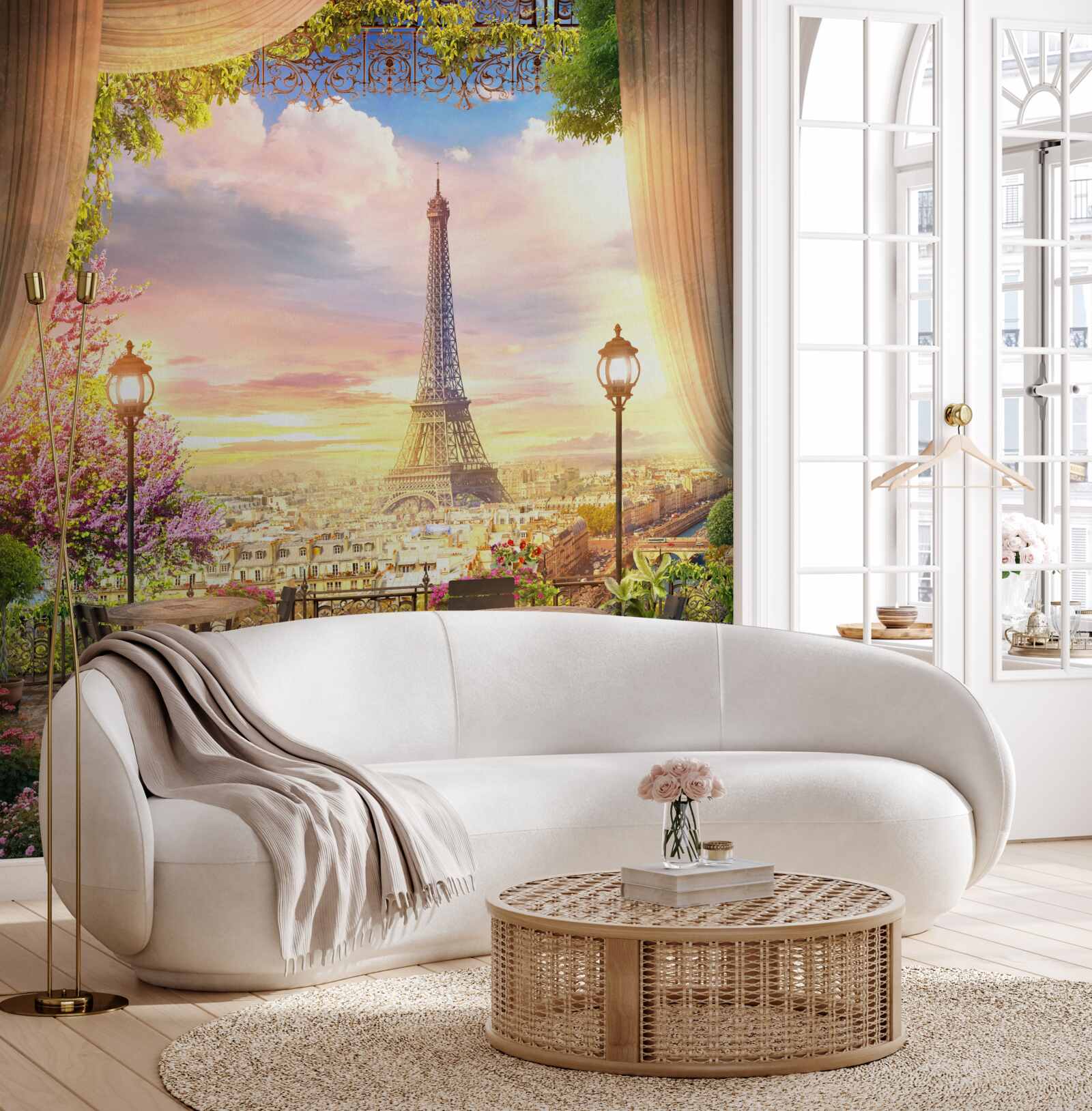 Фотошпалери кавові столики з видом на Ейфелеву вежу створюють затишну атмосферу
