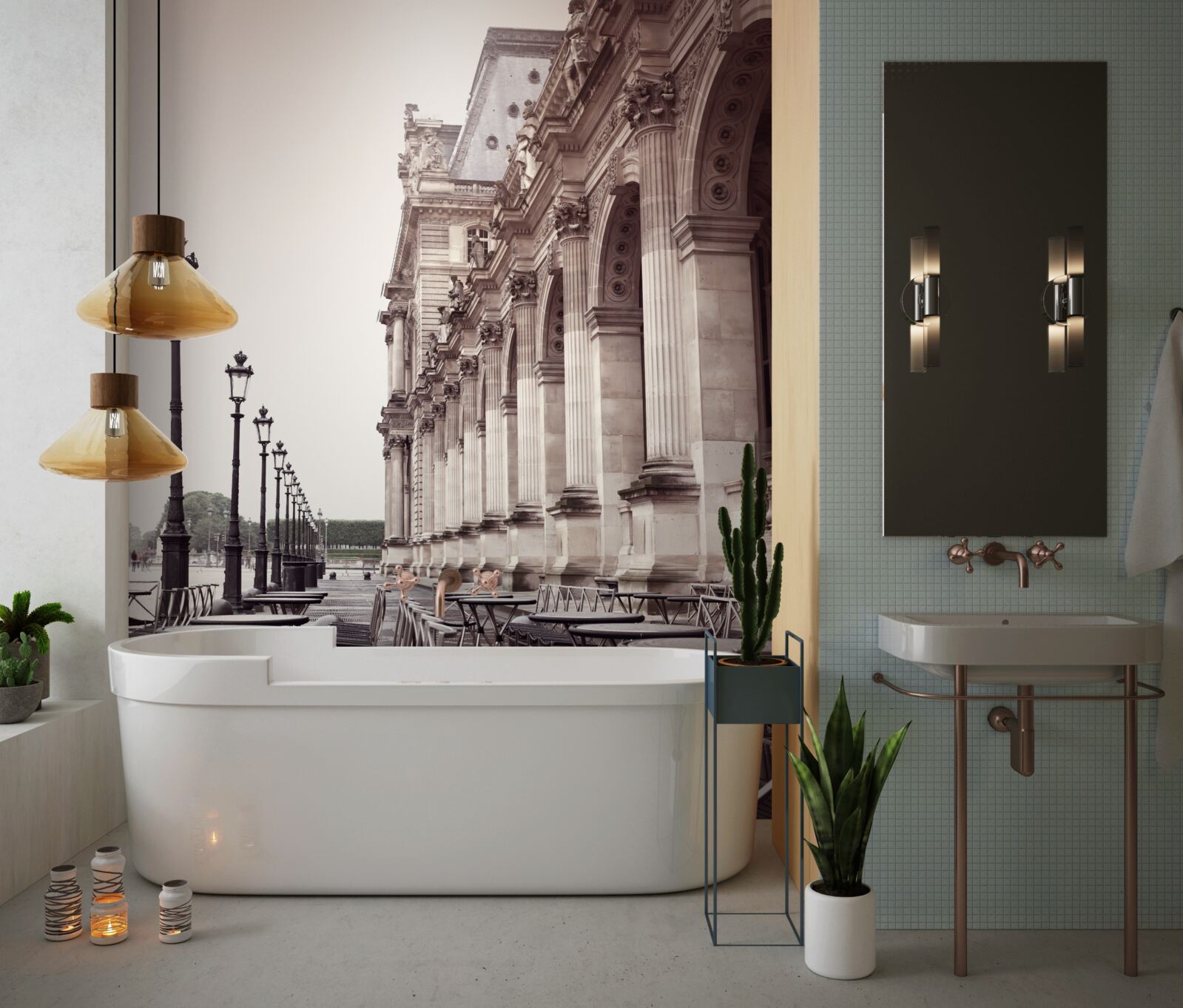 Фотошпалери кафе в італійському стилі на набережній під дощем