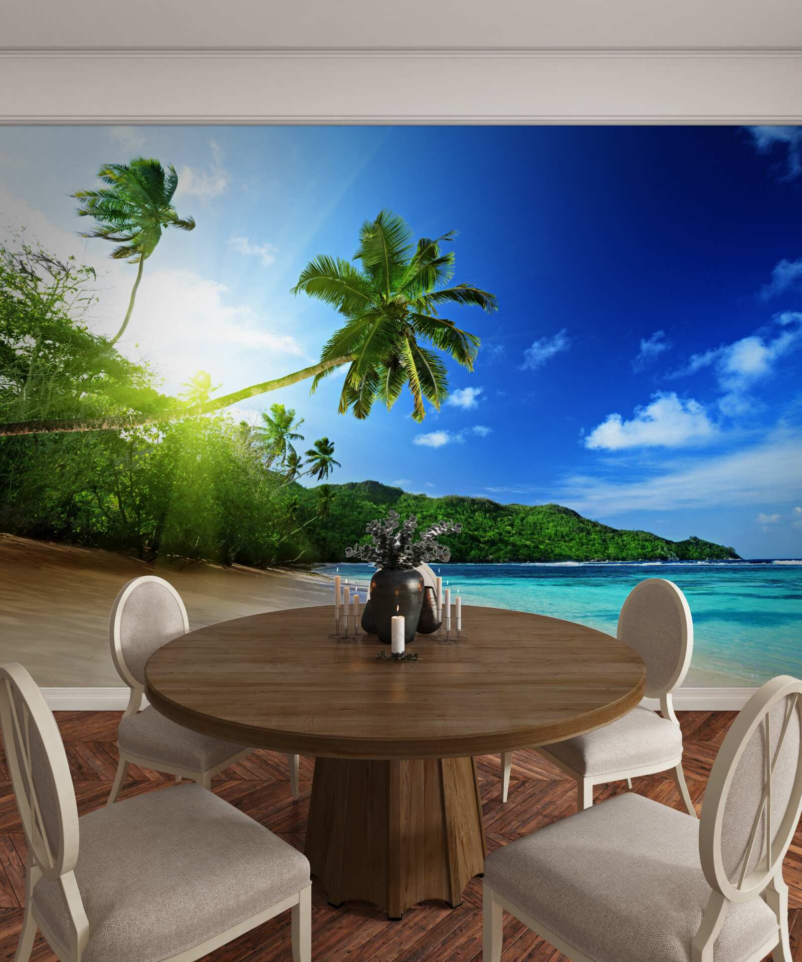 Фотошпалери промені сонця, що сходить, освітлюють тропічний берег