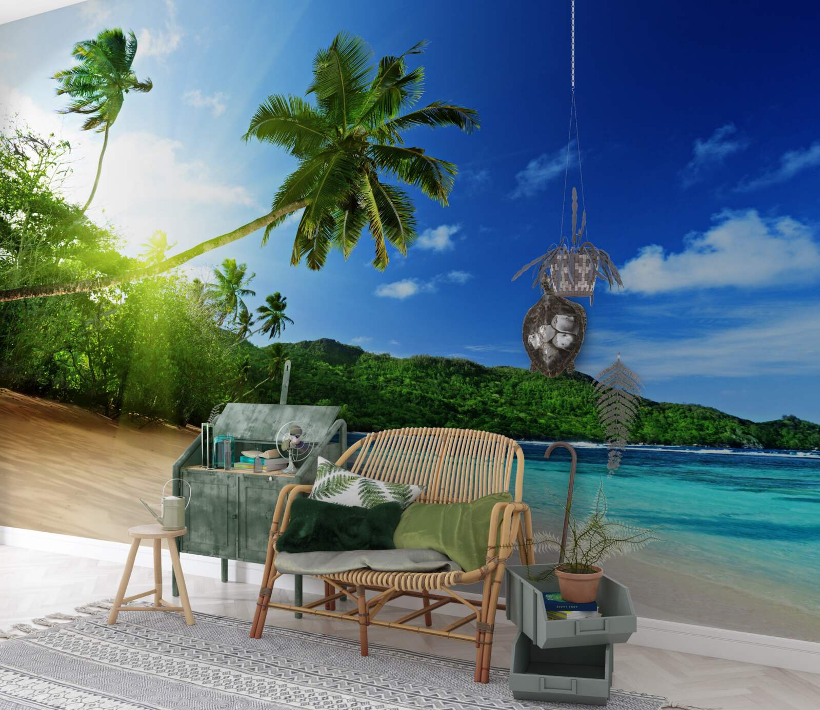 Фотошпалери промені сонця, що сходить, освітлюють тропічний берег