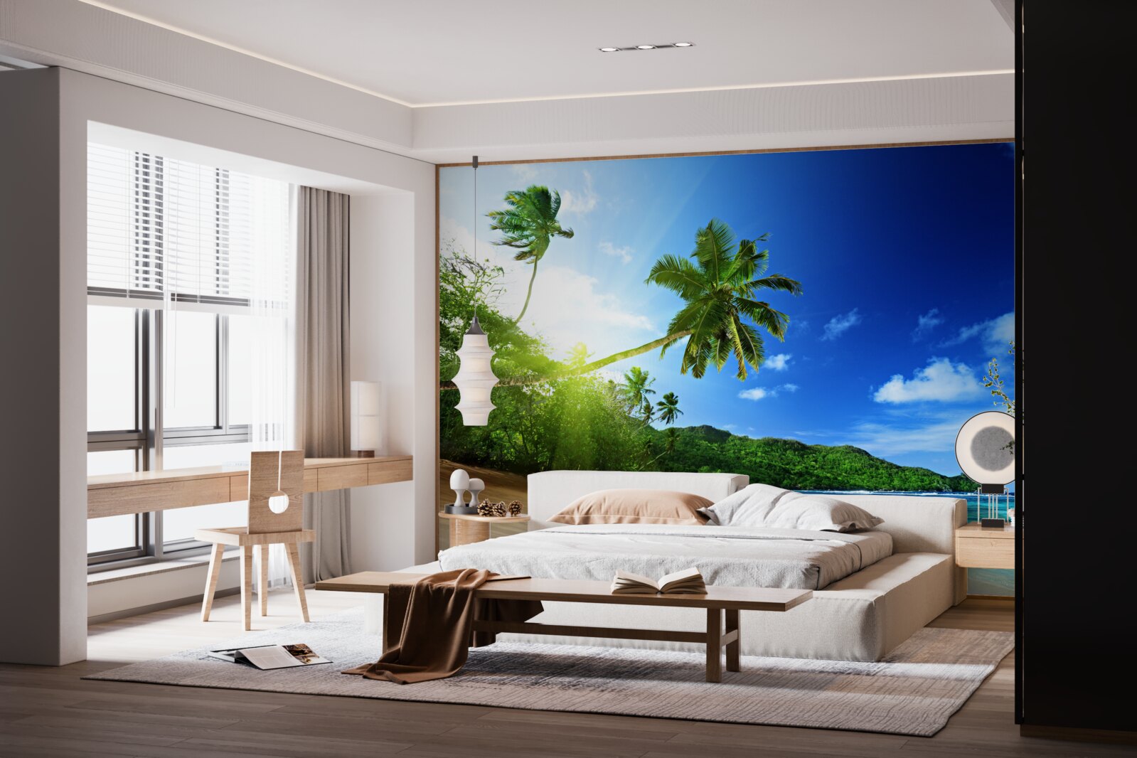 Фотошпалери промені сонця, що сходить, освітлюють тропічний берег