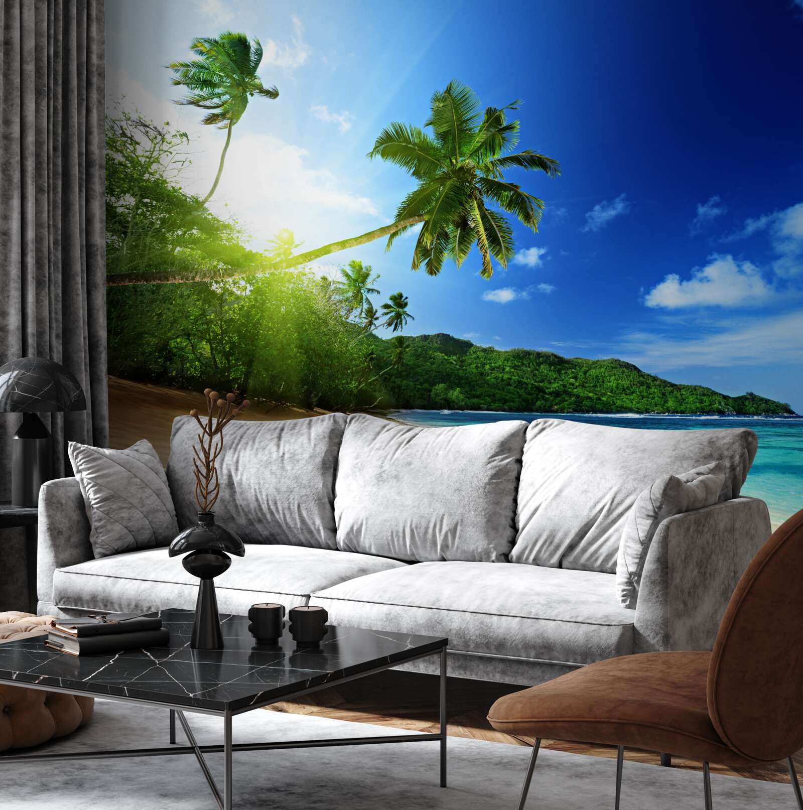 Фотошпалери промені сонця, що сходить, освітлюють тропічний берег