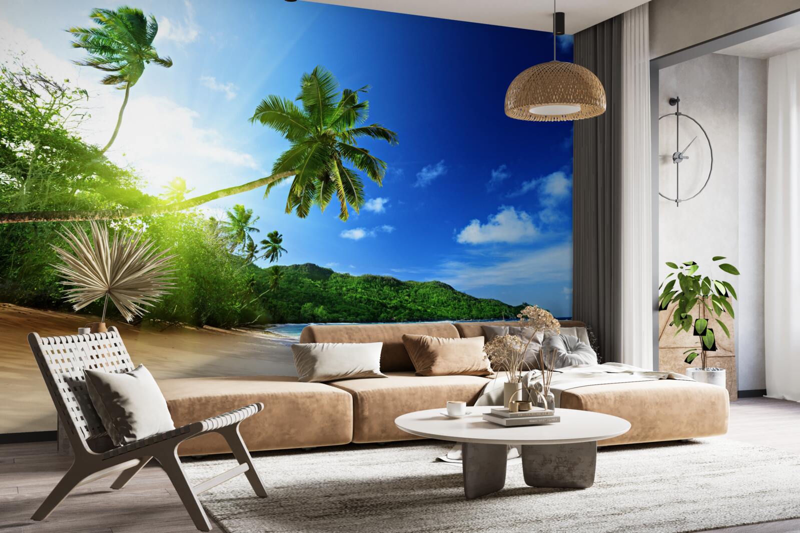 Фотошпалери промені сонця, що сходить, освітлюють тропічний берег