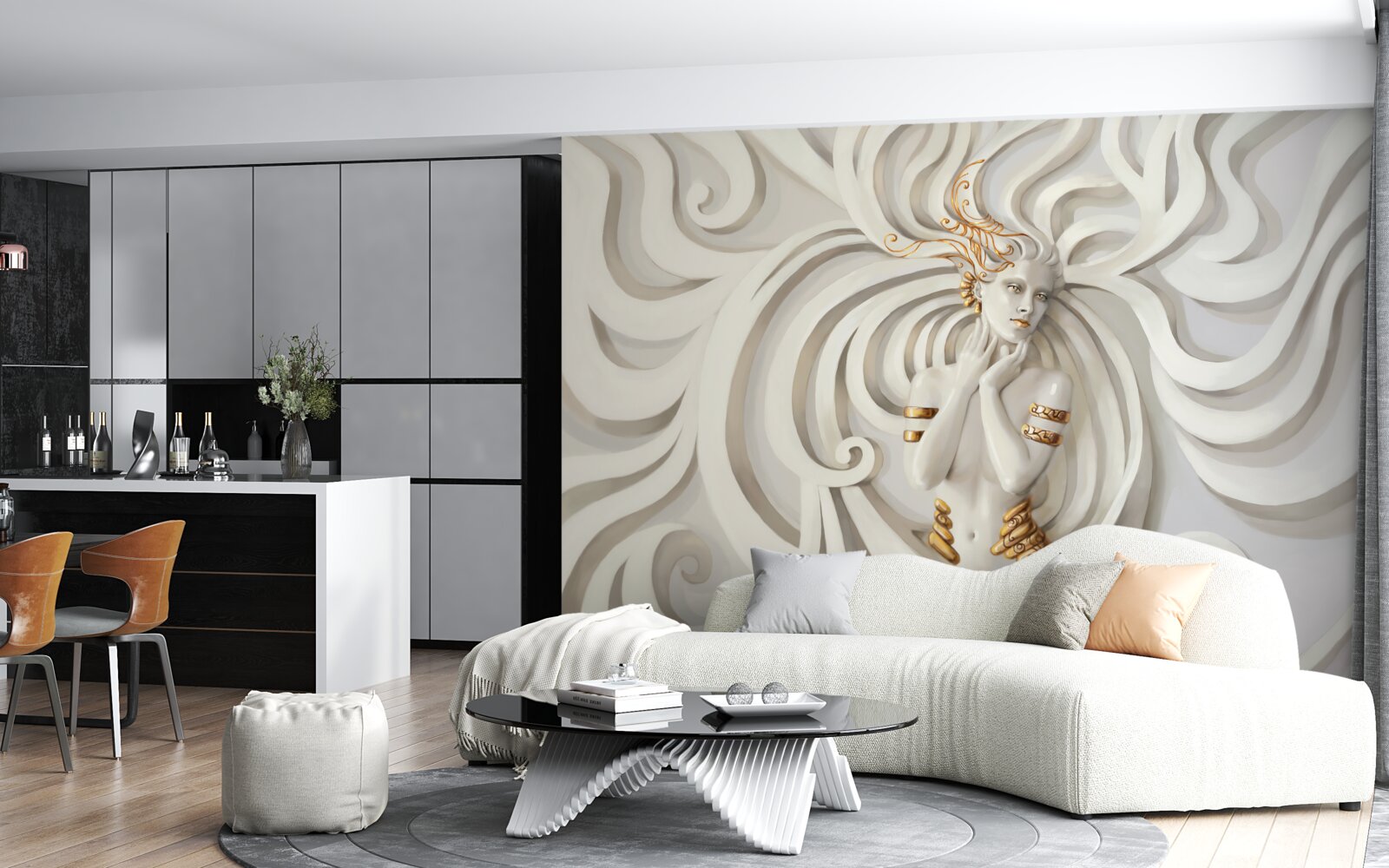 Фотошпалери зображення жінки з золотими елементами та абстрактними візерунками