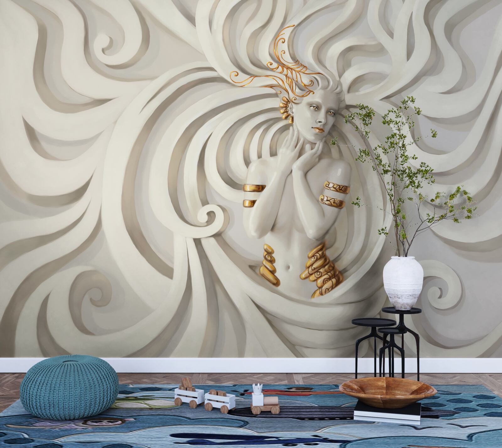 Фотошпалери зображення жінки з золотими елементами та абстрактними візерунками