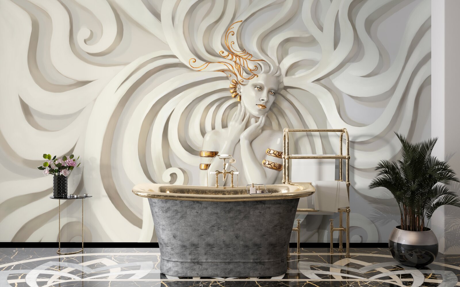 Фотошпалери зображення жінки з золотими елементами та абстрактними візерунками