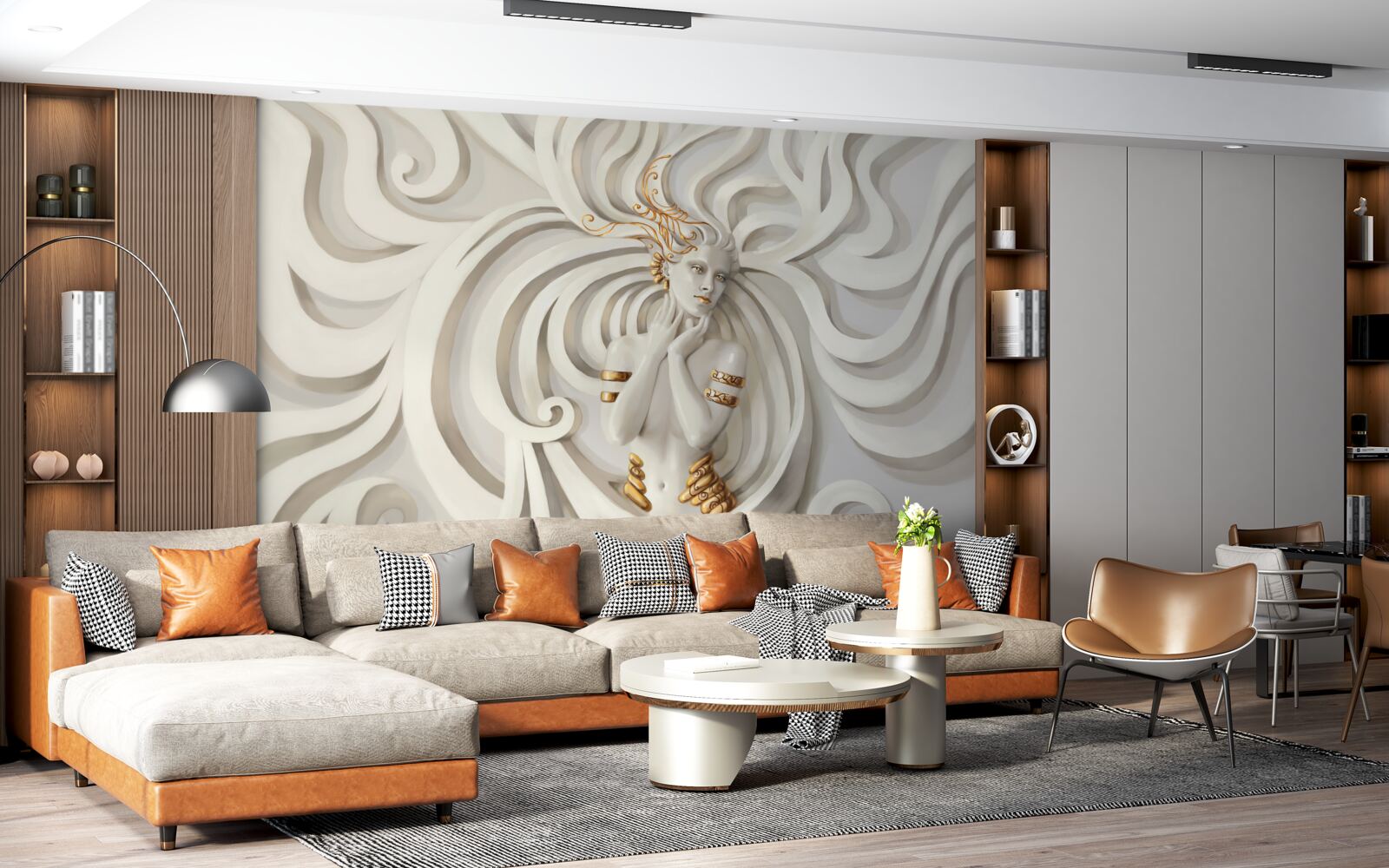 Фотошпалери зображення жінки з золотими елементами та абстрактними візерунками