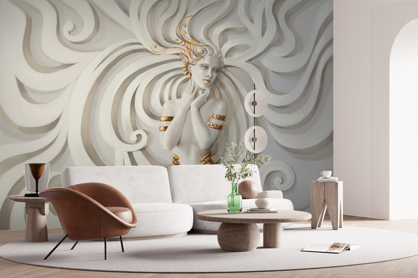 Фотошпалери зображення жінки з золотими елементами та абстрактними візерунками